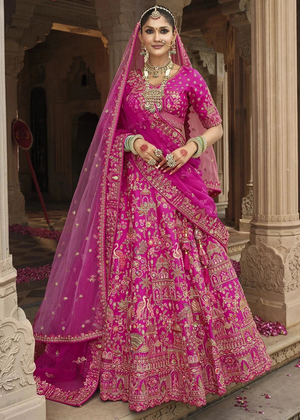 Pink Silk Multi-Color Thread,Zarkan Elephant Motif Hand Work Embroidered Bridal Semi Stitched Lehenga