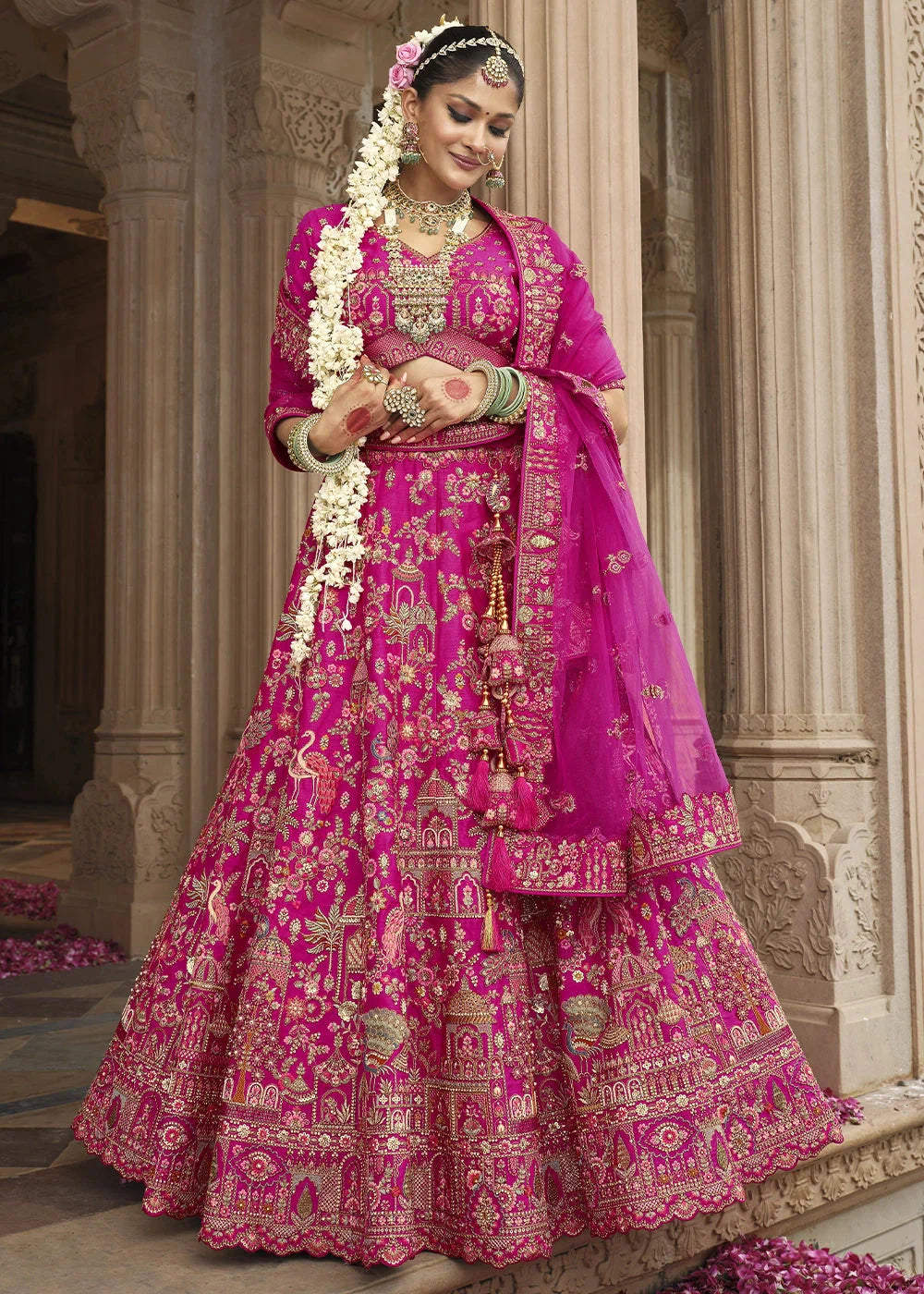 Pink Silk Multi-Color Thread,Zarkan Elephant Motif Hand Work Embroidered Bridal Semi Stitched Lehenga