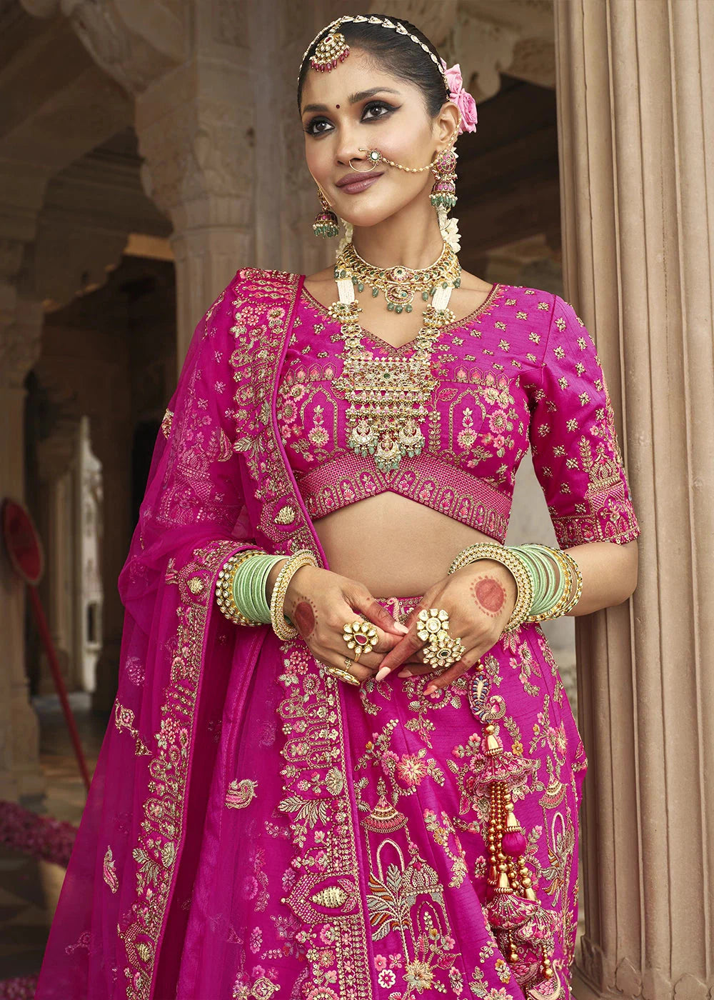 Pink Silk Multi-Color Thread,Zarkan Elephant Motif Hand Work Embroidered Bridal Semi Stitched Lehenga