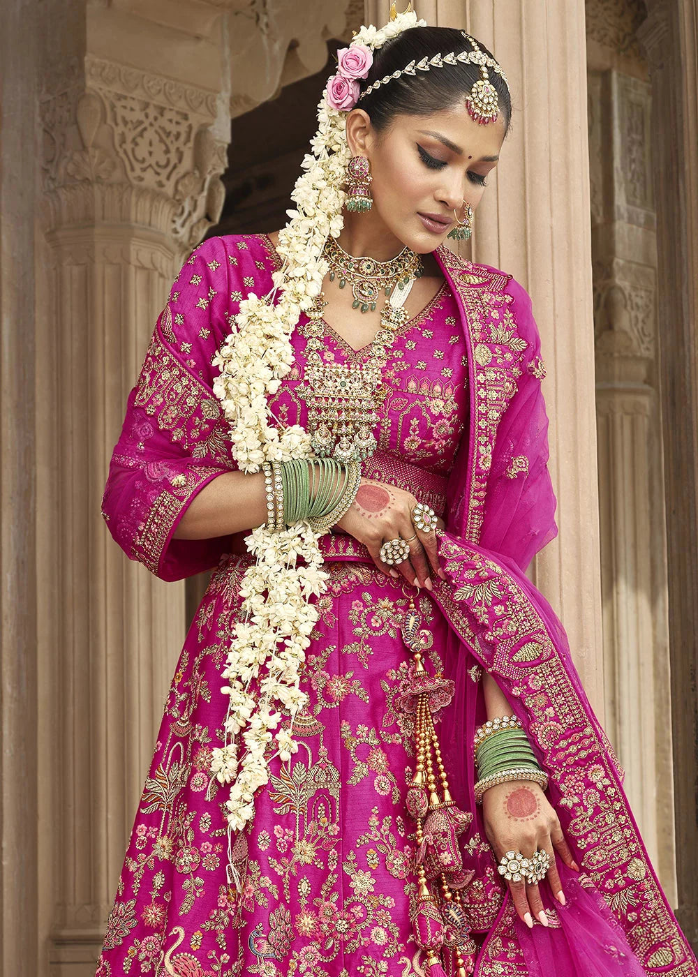 Pink Silk Multi-Color Thread,Zarkan Elephant Motif Hand Work Embroidered Bridal Semi Stitched Lehenga