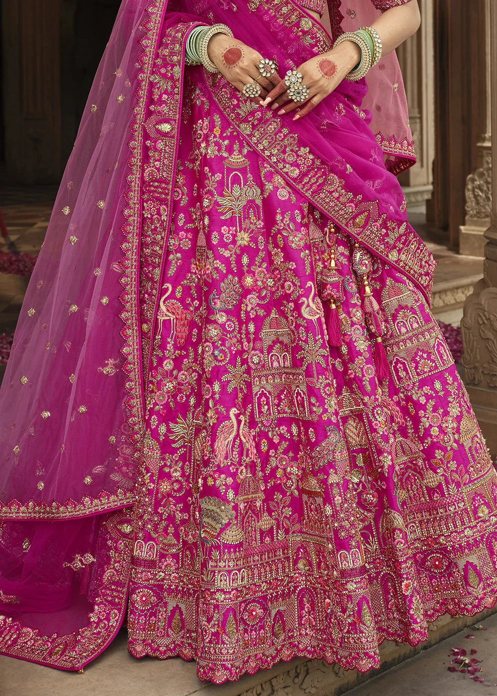 Pink Silk Multi-Color Thread,Zarkan Elephant Motif Hand Work Embroidered Bridal Semi Stitched Lehenga