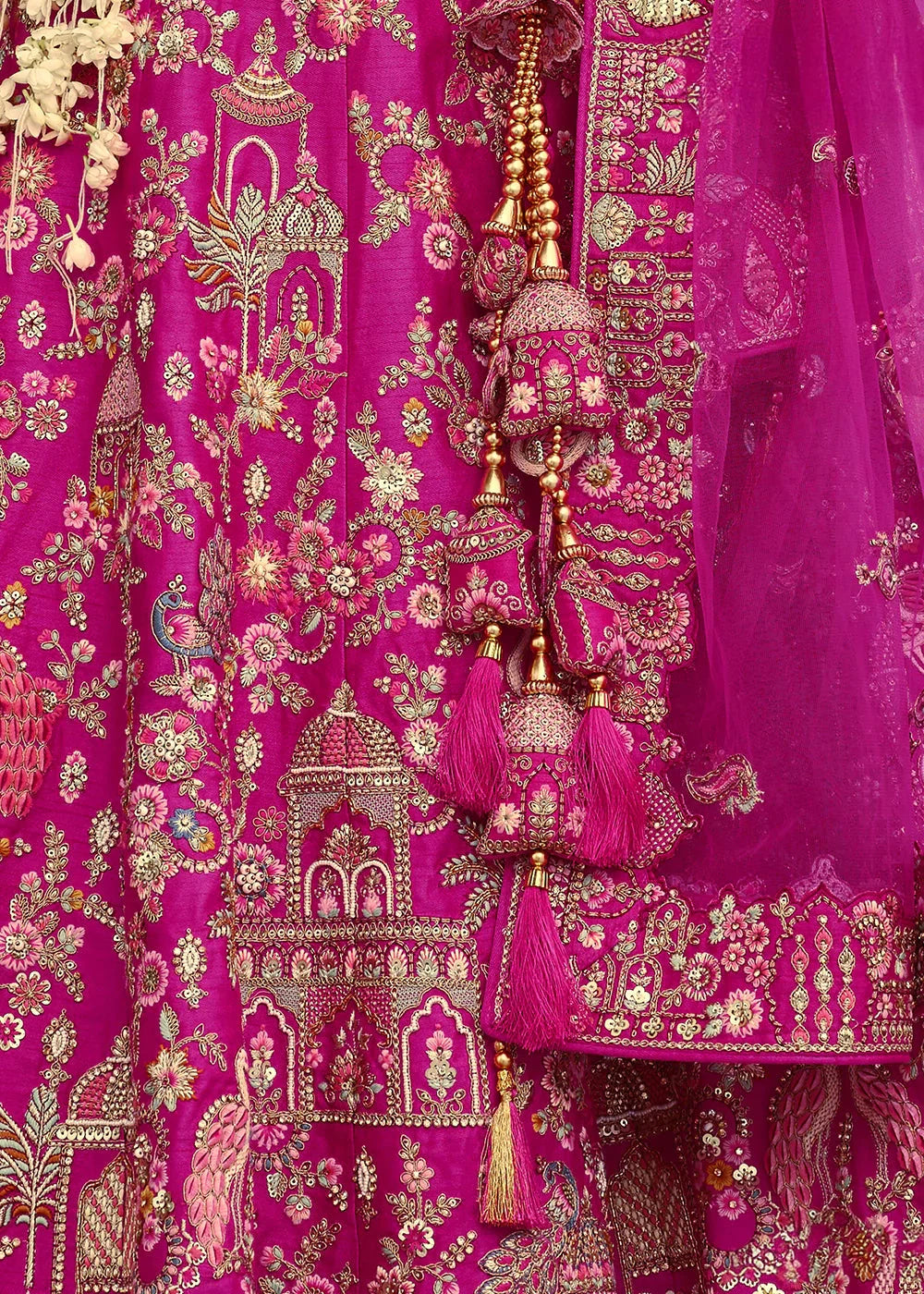 Pink Silk Multi-Color Thread,Zarkan Elephant Motif Hand Work Embroidered Bridal Semi Stitched Lehenga
