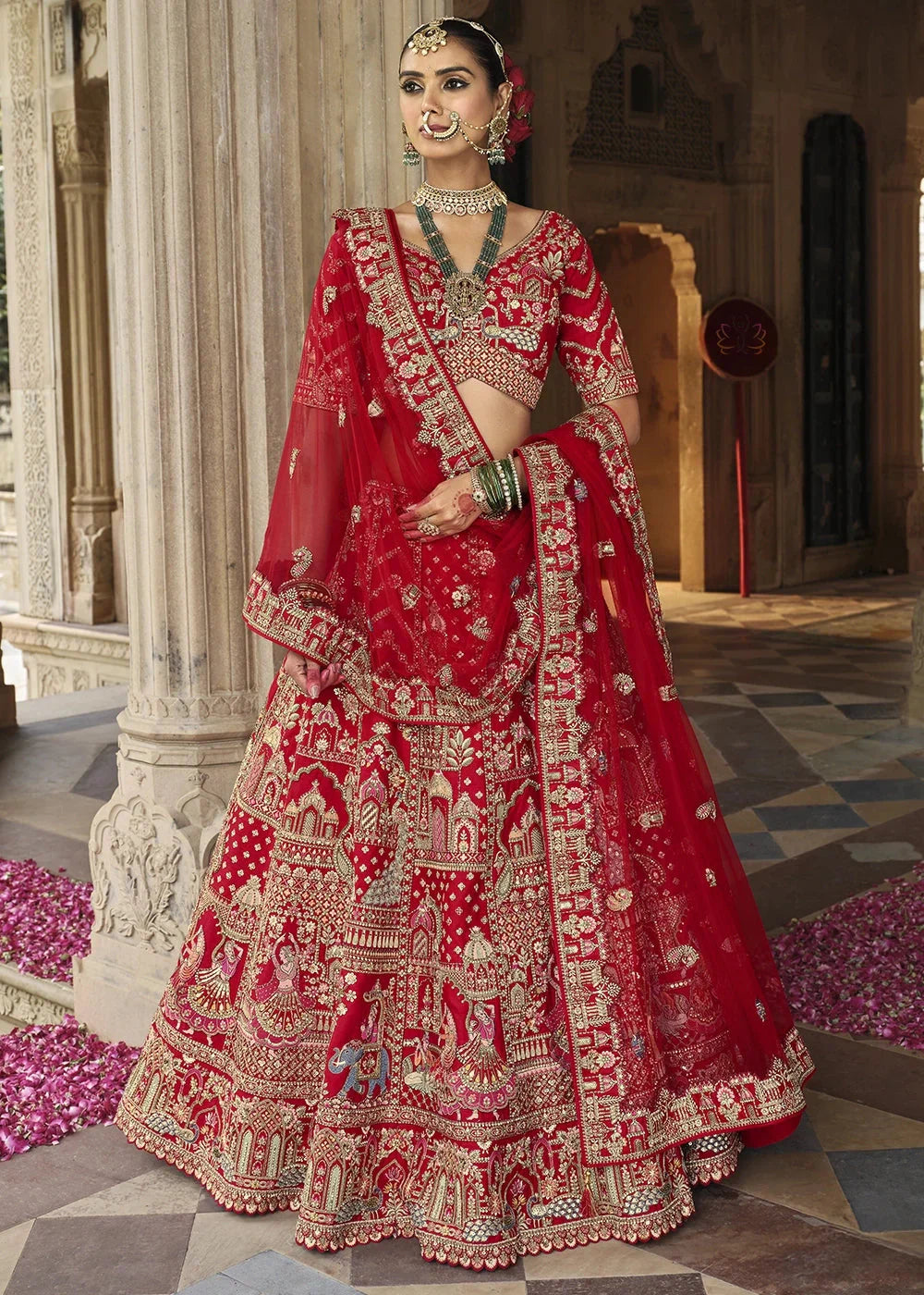 Red- Embroidery, Sequence, Thread Work Bridal Semi Stitched Lehenga
