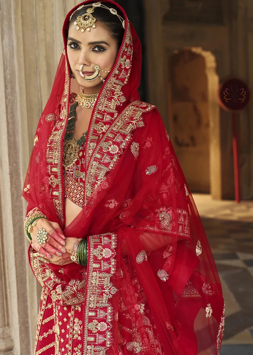 Red- Embroidery, Sequence, Thread Work Bridal Semi Stitched Lehenga
