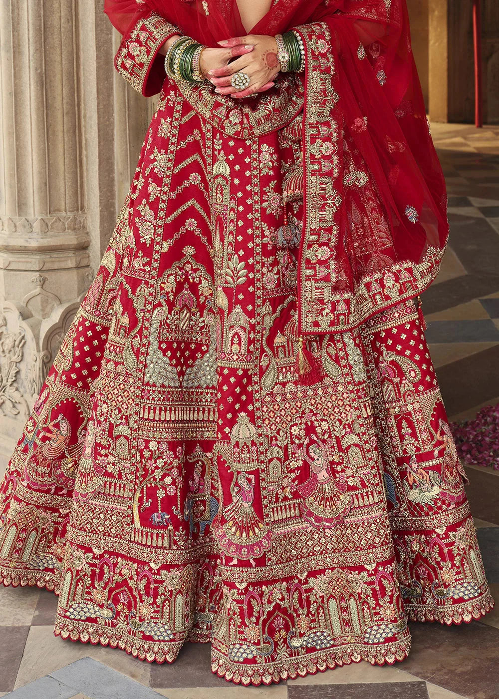 Red- Embroidery, Sequence, Thread Work Bridal Semi Stitched Lehenga
