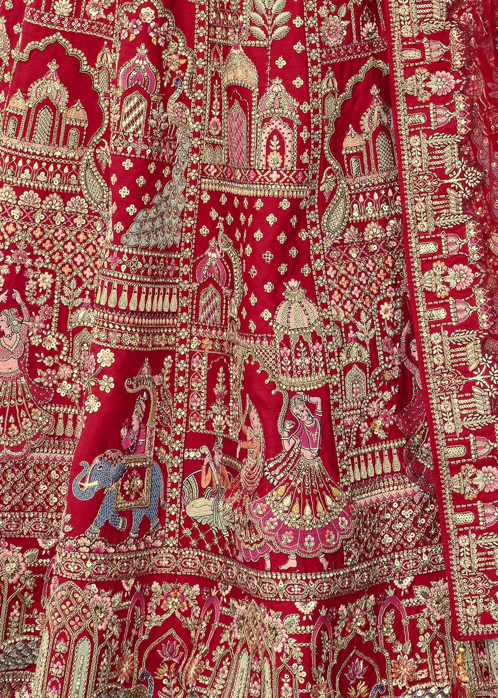 Red- Embroidery, Sequence, Thread Work Bridal Semi Stitched Lehenga