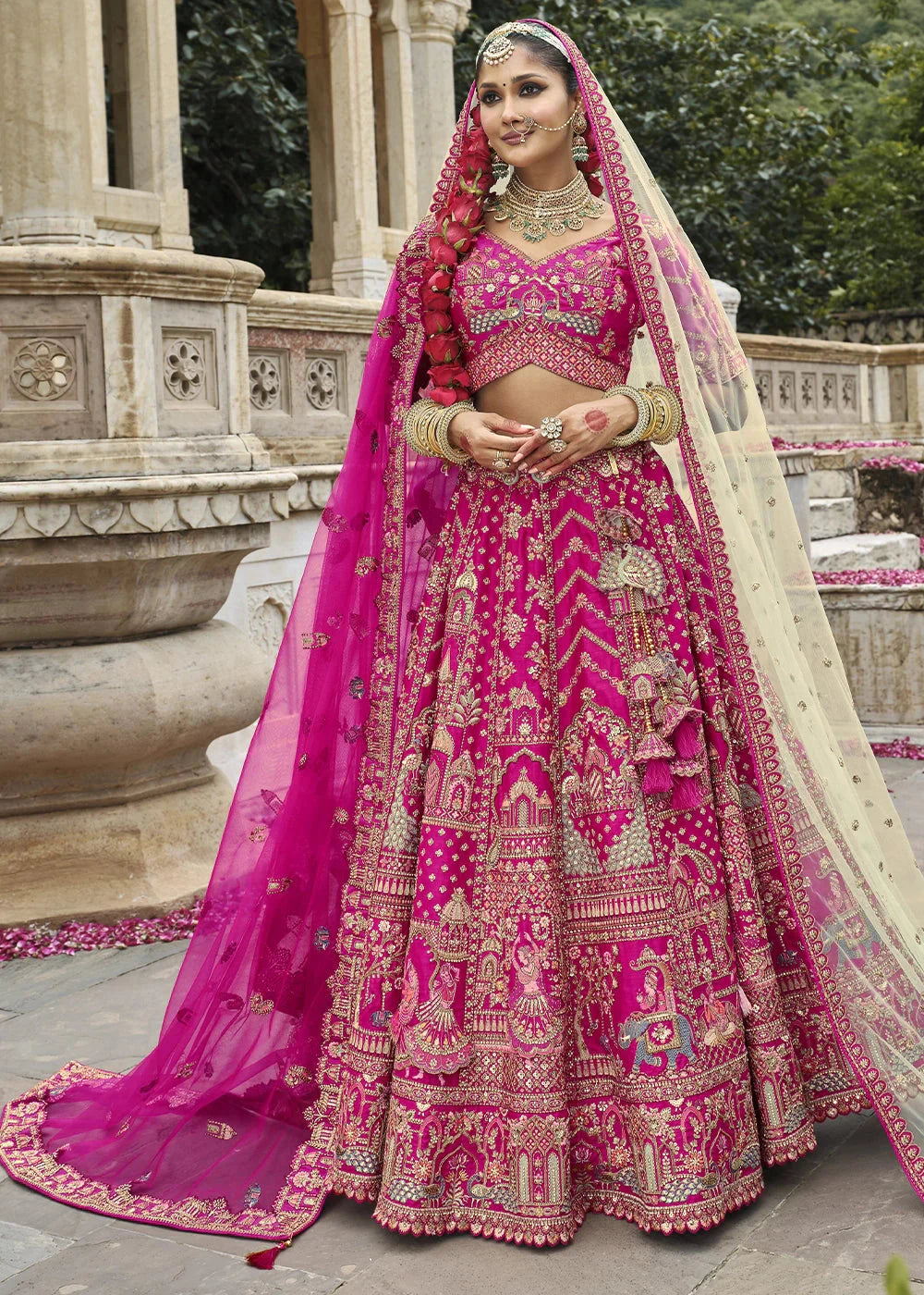Pink- Embroidery, Sequence, Thread Work Bridal Semi Stitched Lehenga