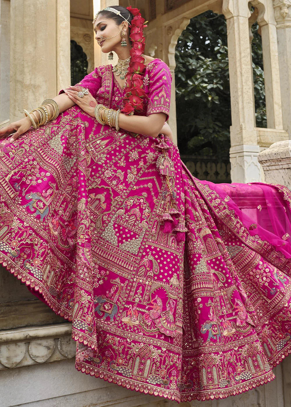 Pink- Embroidery, Sequence, Thread Work Bridal Semi Stitched Lehenga