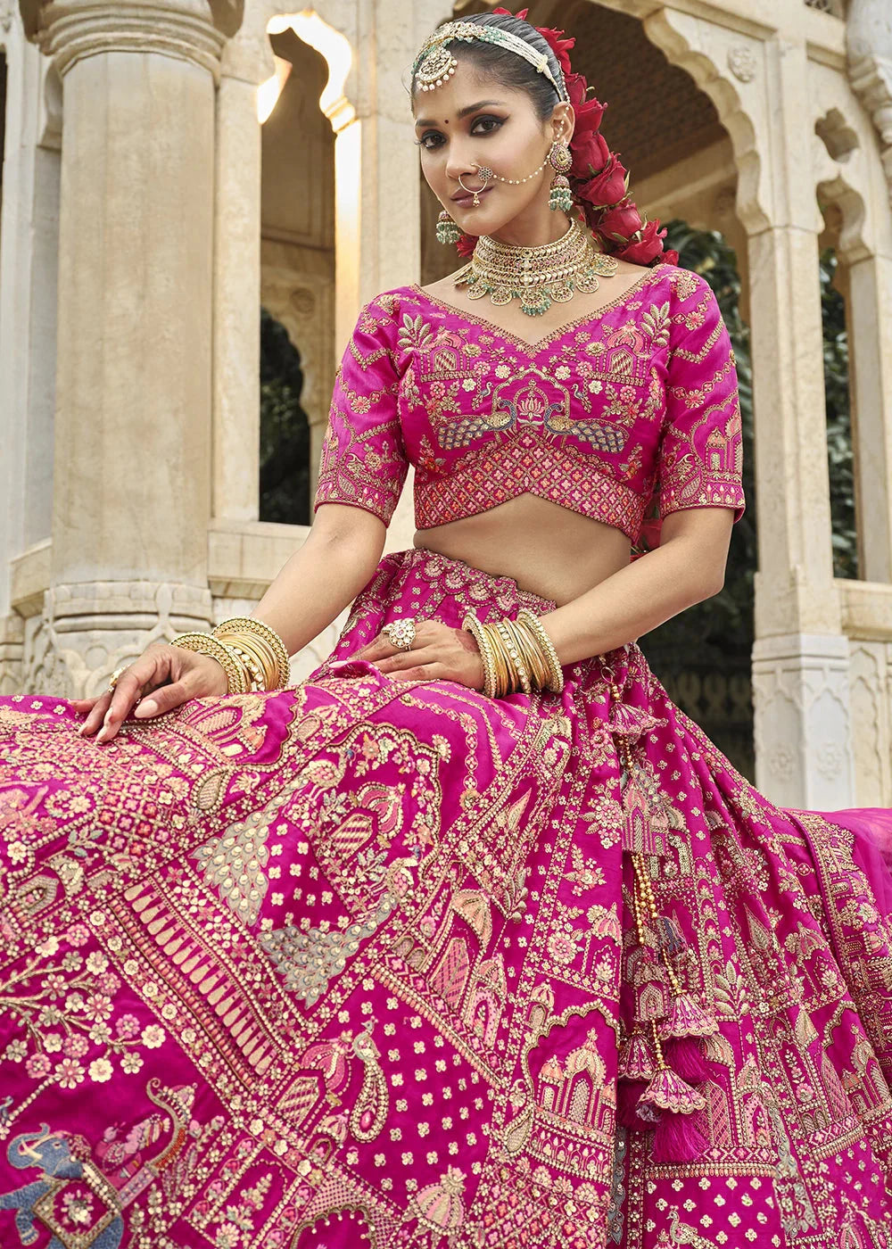 Pink- Embroidery, Sequence, Thread Work Bridal Semi Stitched Lehenga