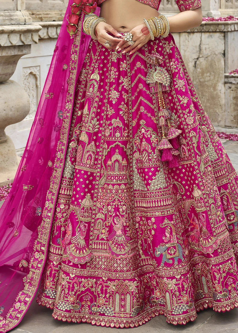 Pink- Embroidery, Sequence, Thread Work Bridal Semi Stitched Lehenga