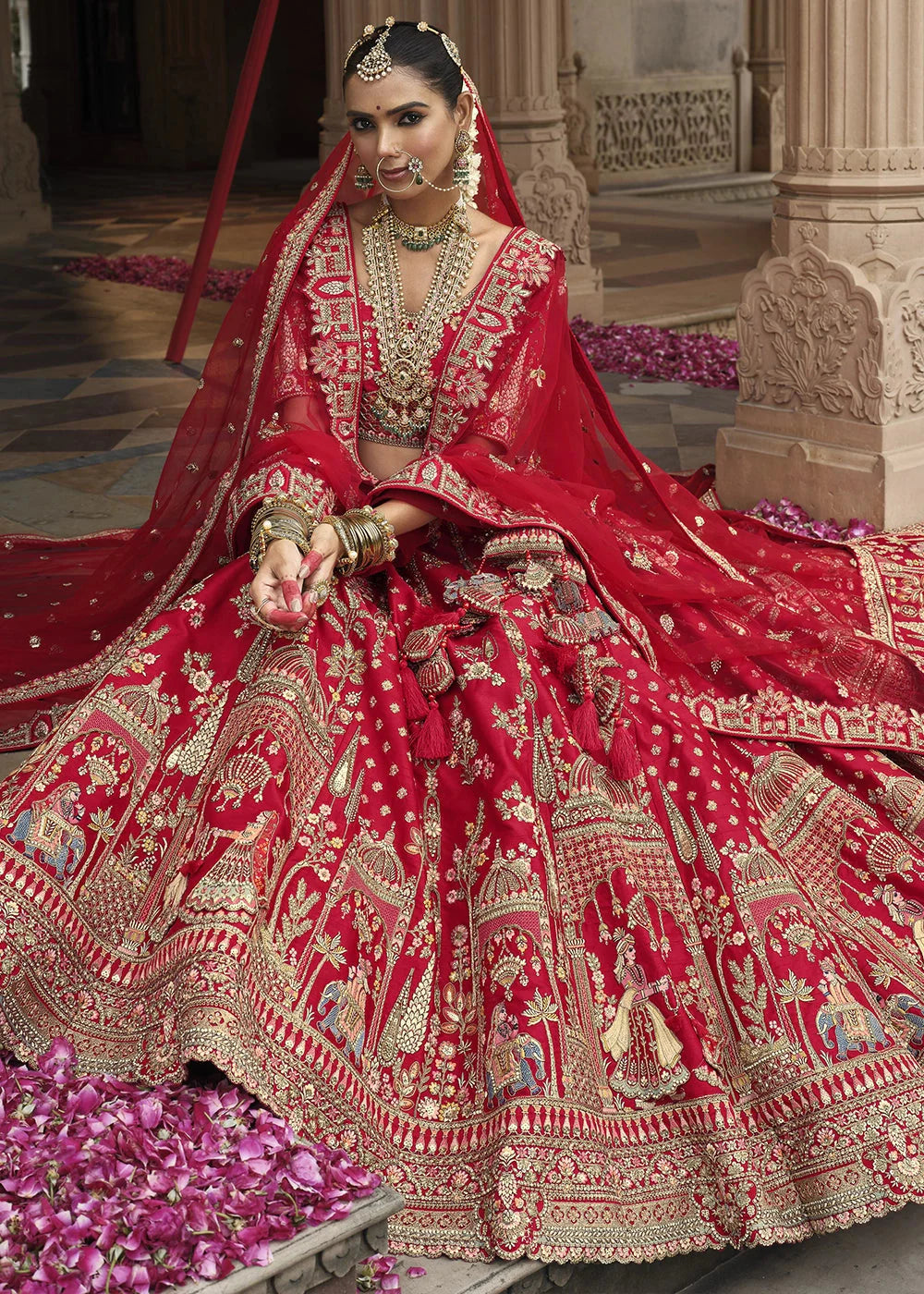 Red- Embroidery, Sequence, Thread Work Bridal Semi Stitched Lehenga