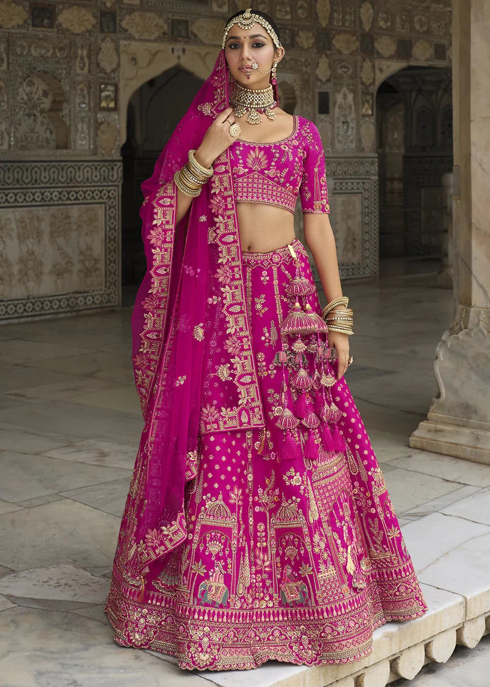 Pink- Embroidery, Sequence, Thread Work Bridal Semi Stitched Lehenga