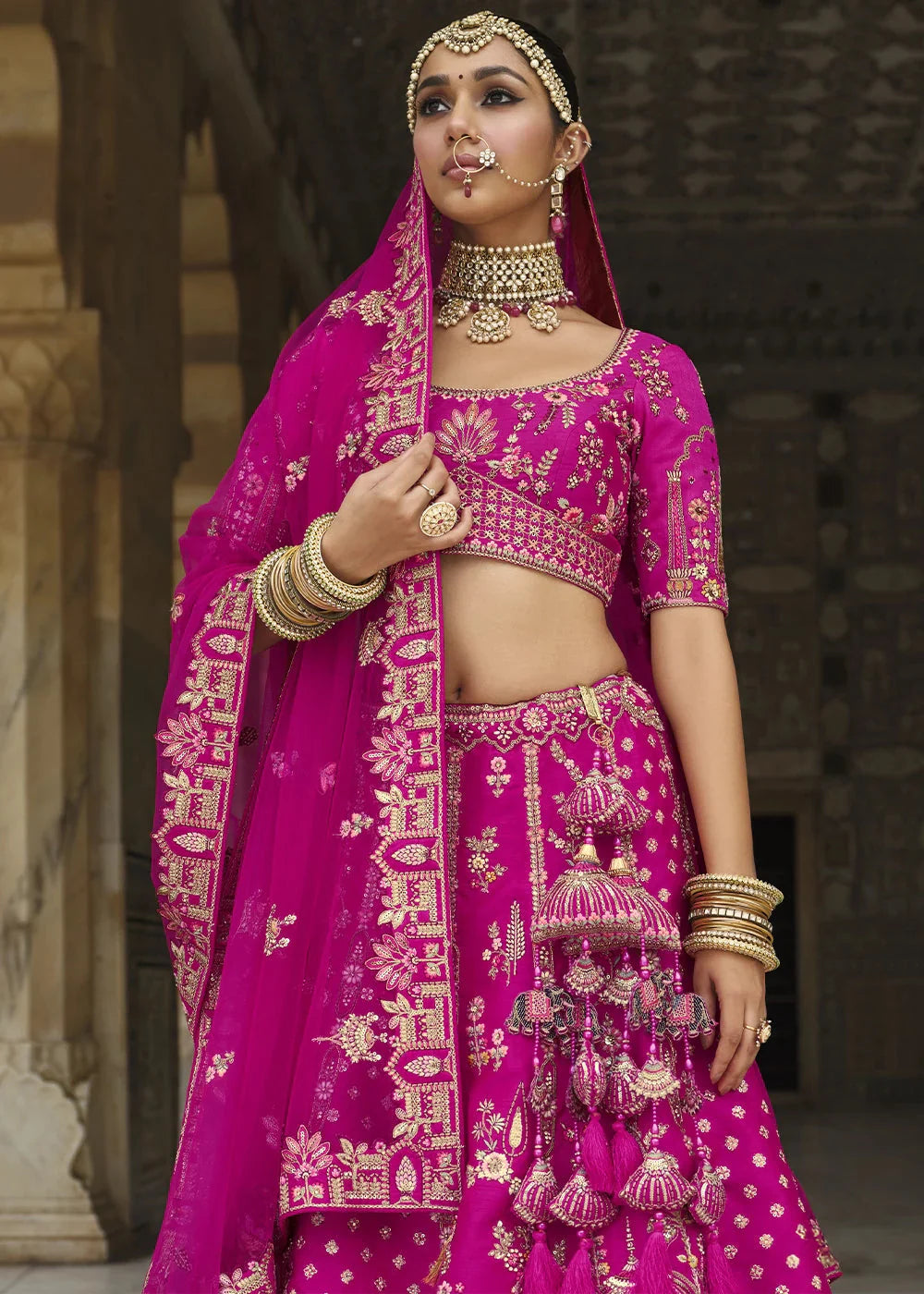 Pink- Embroidery, Sequence, Thread Work Bridal Semi Stitched Lehenga