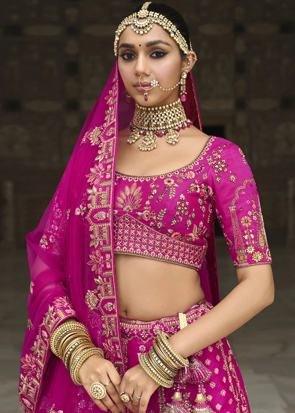 Pink- Embroidery, Sequence, Thread Work Bridal Semi Stitched Lehenga