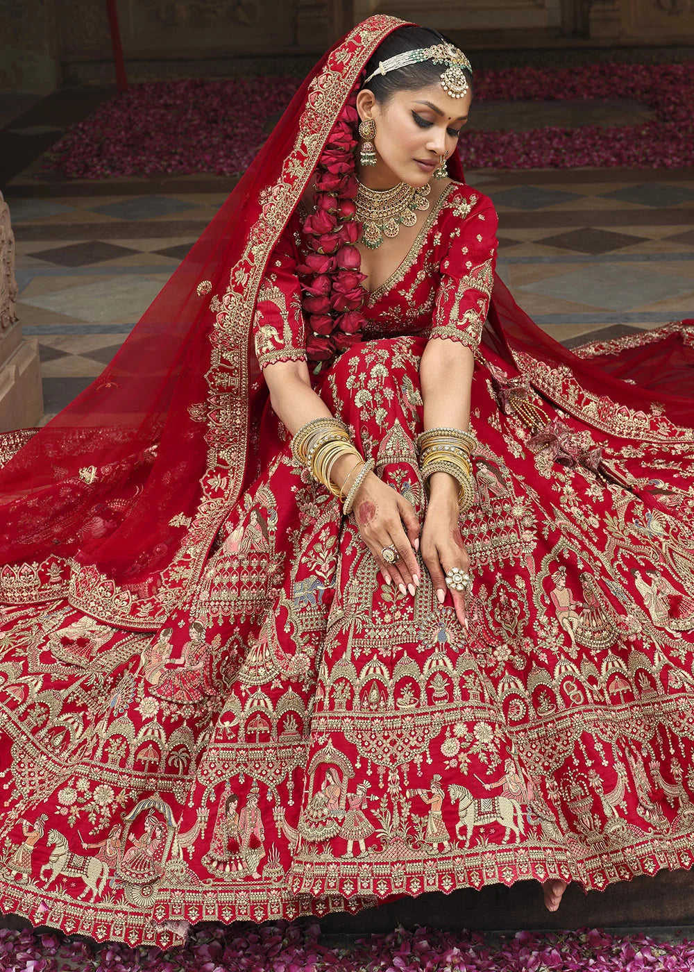 Red- Embroidery, Sequence, Thread Work Bridal Semi Stitched Lehenga