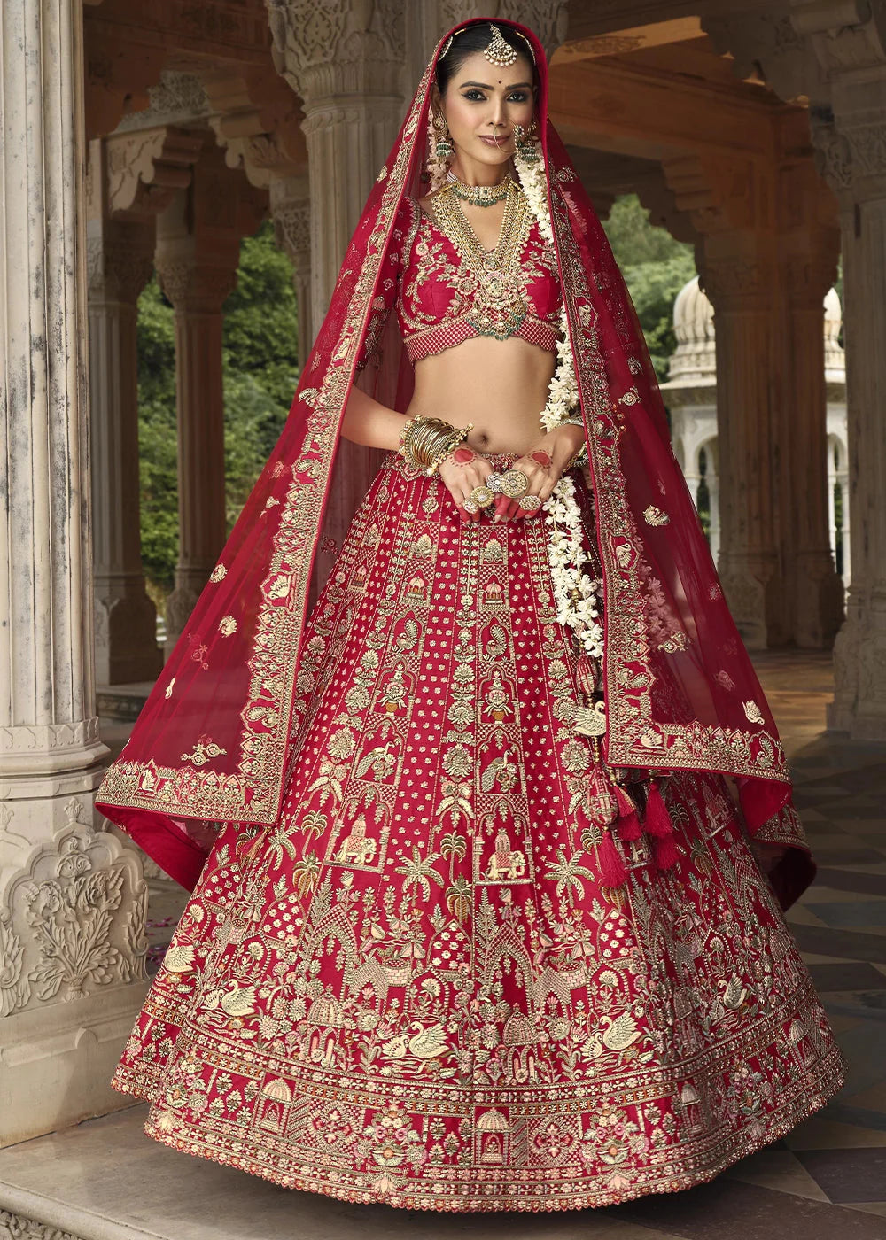 Red- Embroidery, Sequence, Thread Work Bridal Semi Stitched Lehenga