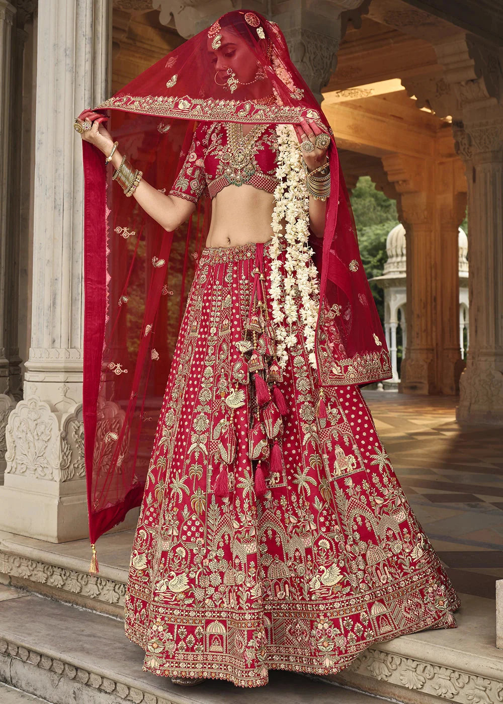 Red- Embroidery, Sequence, Thread Work Bridal Semi Stitched Lehenga