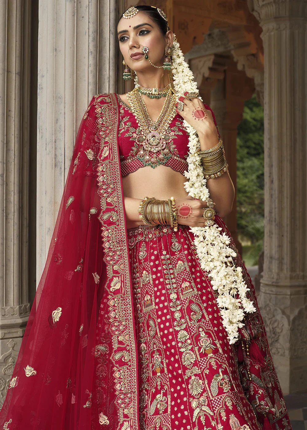 Red- Embroidery, Sequence, Thread Work Bridal Semi Stitched Lehenga