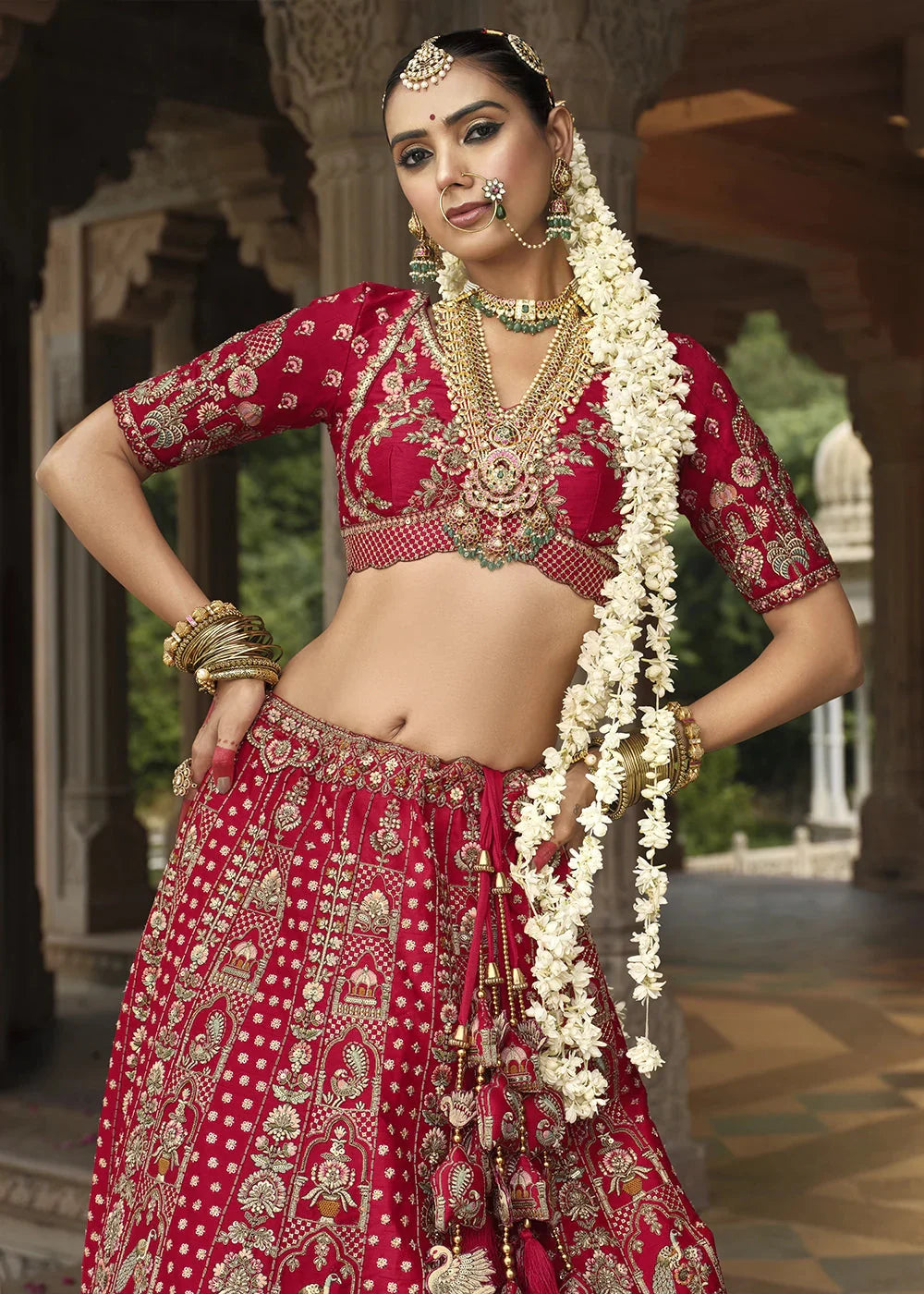 Red- Embroidery, Sequence, Thread Work Bridal Semi Stitched Lehenga