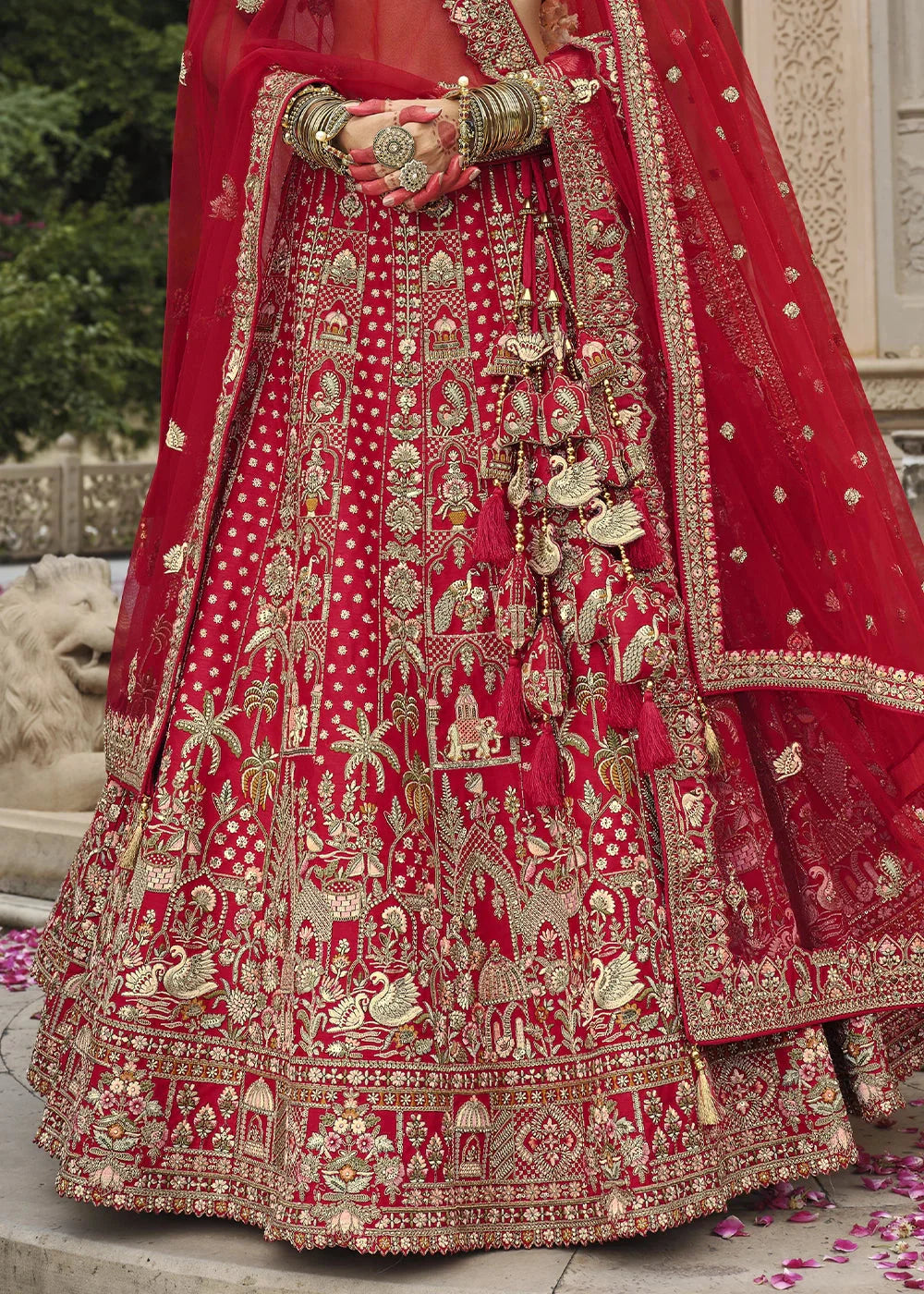 Red- Embroidery, Sequence, Thread Work Bridal Semi Stitched Lehenga