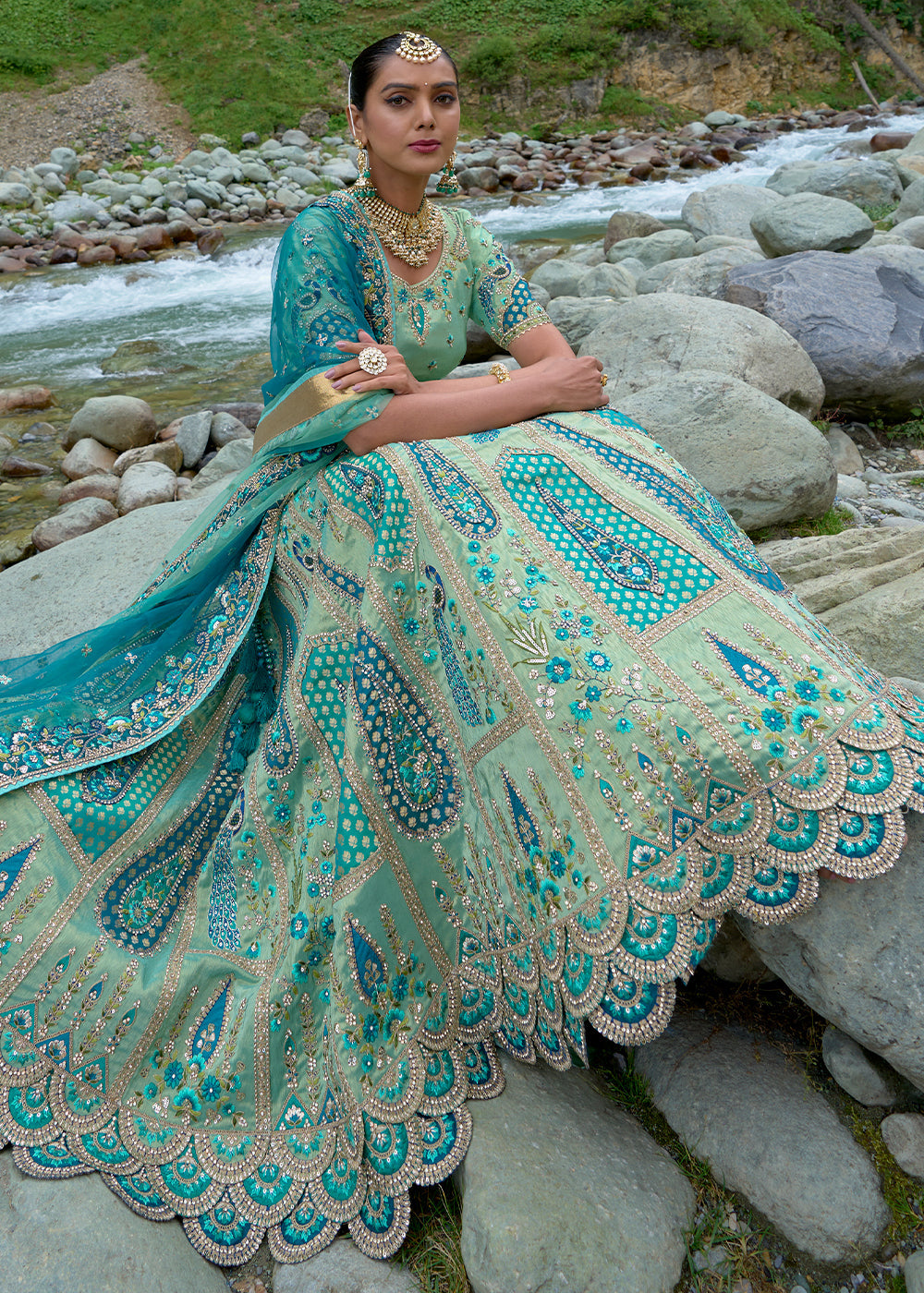 Shades Of Blue Banarasi Silk Lehenga Choli with Embroidery, Zari & Stone Work - qivii