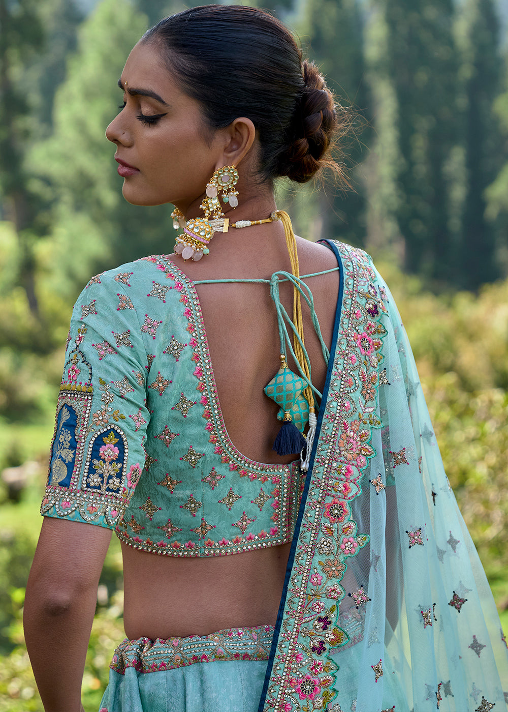 Shades Of Blue Banarasi Silk Lehenga Choli with Embroidery, Zari & Stone Work - qivii