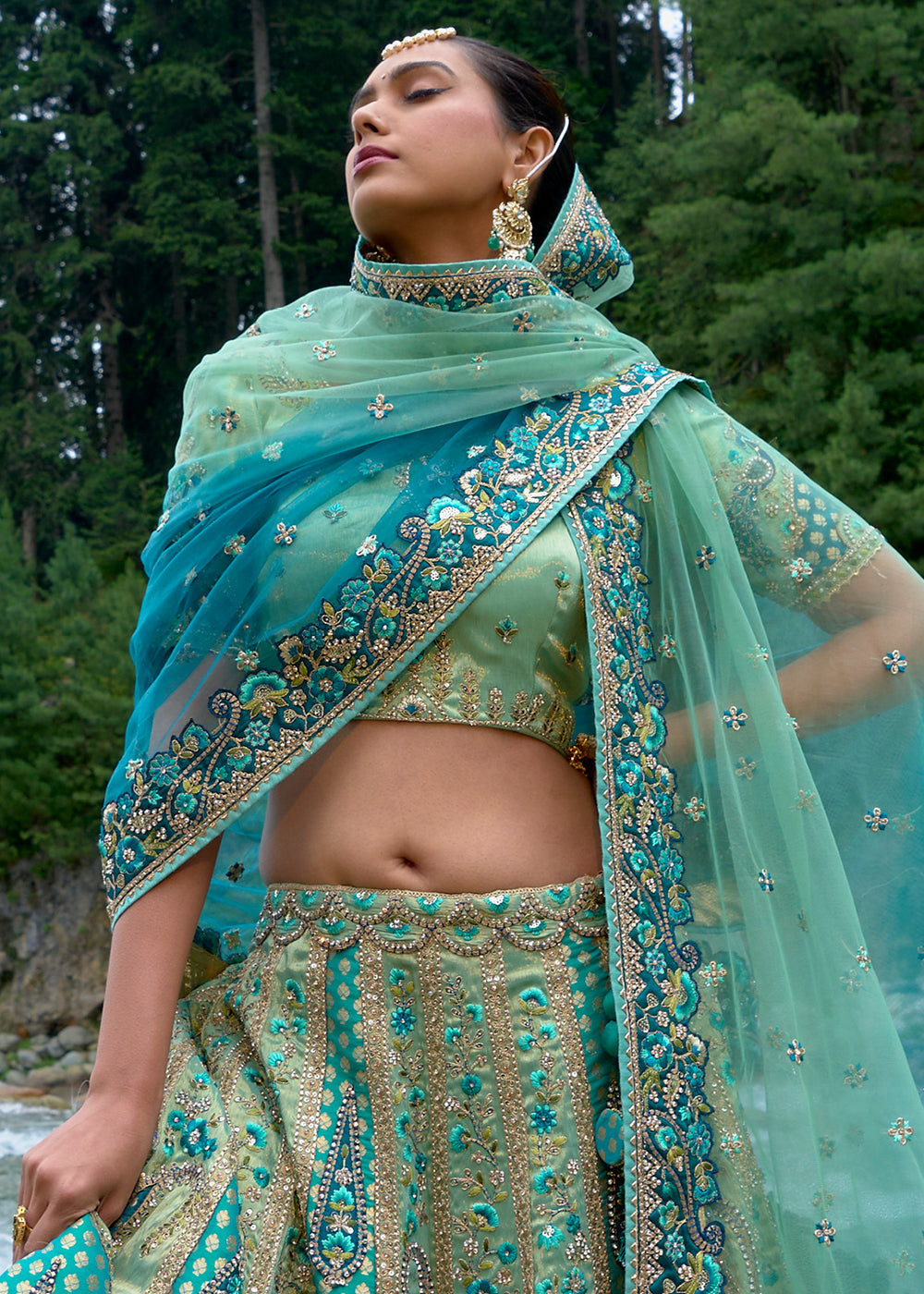 Shades Of Blue Banarasi Silk Lehenga Choli with Embroidery, Zari & Stone Work - qivii