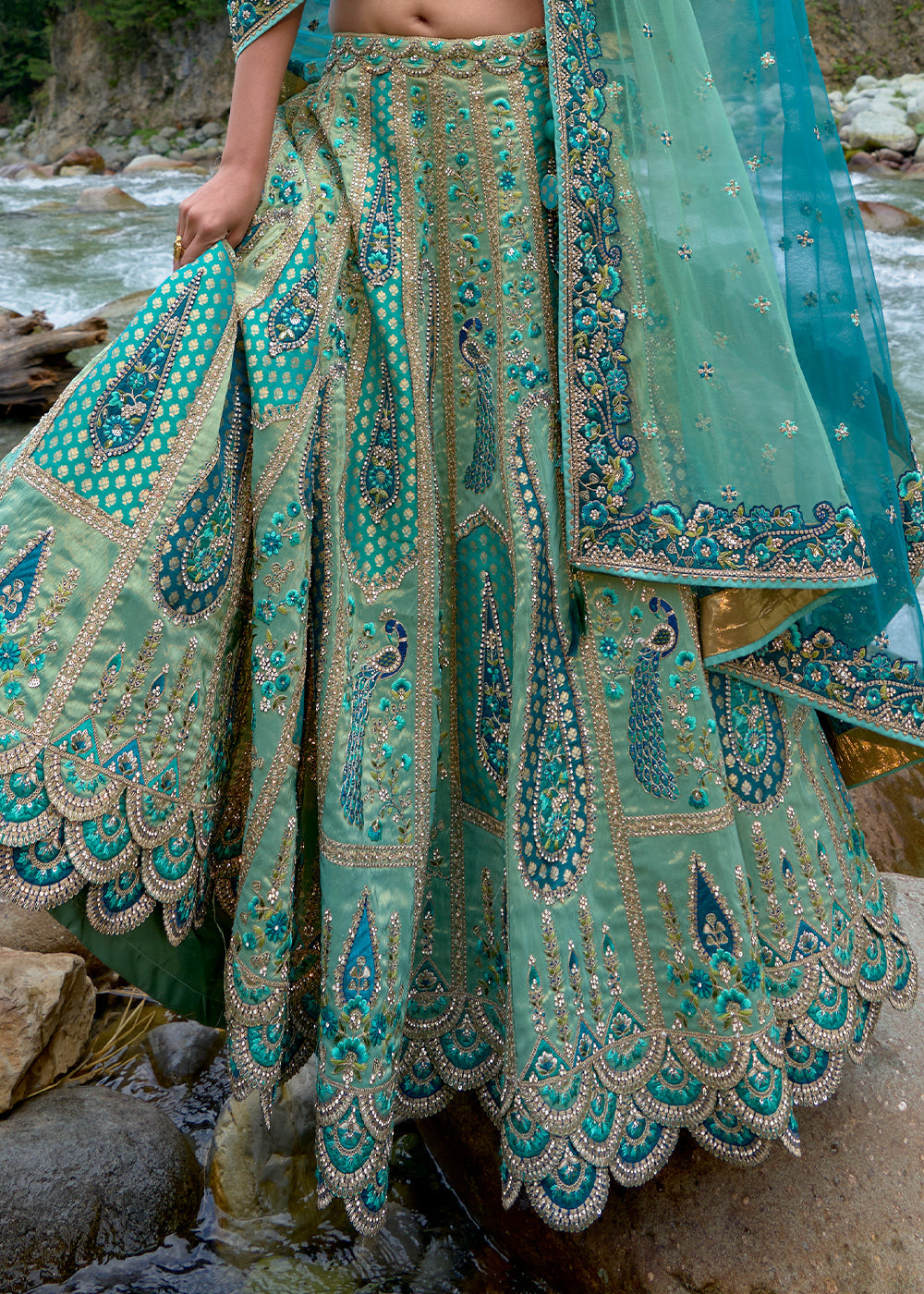 Shades Of Blue Banarasi Silk Lehenga Choli with Embroidery, Zari & Stone Work - qivii