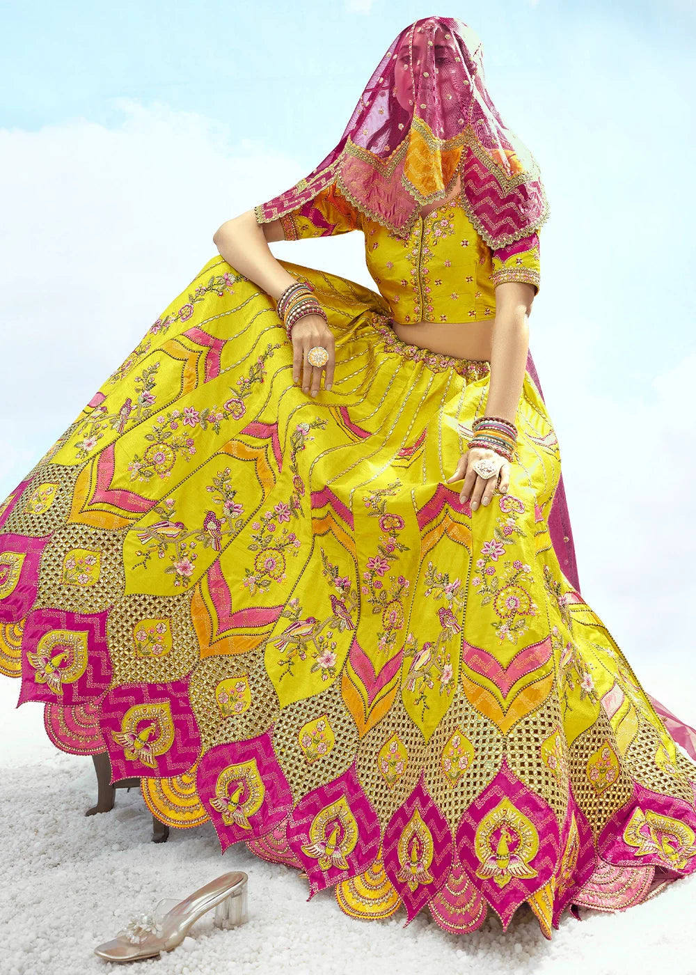 Patch & Cut Work Silk Embroidered Semi Stitched Lehenga Choli & Dupatta - qivii