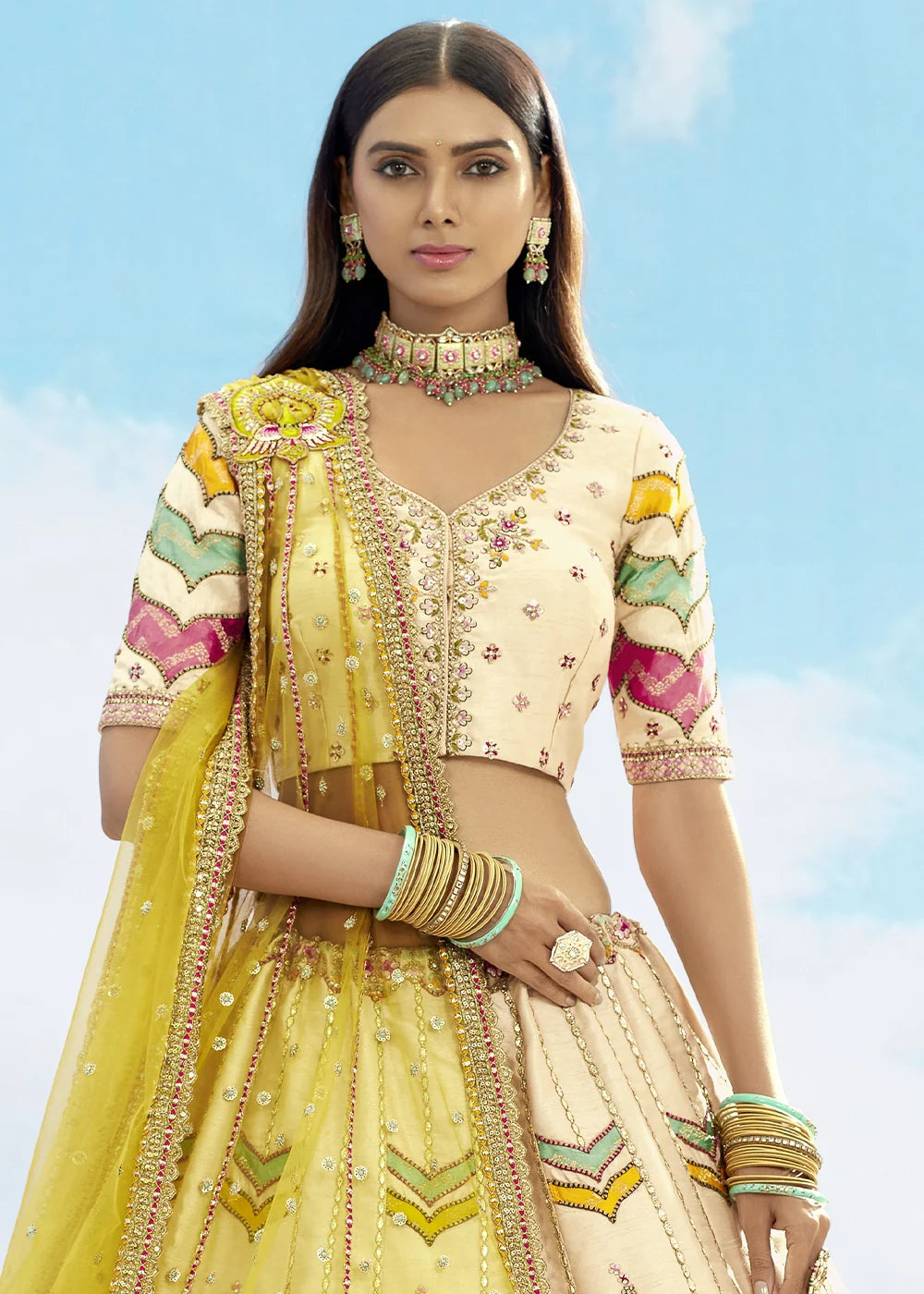 Patch & Cut Work Silk Embroidered Semi Stitched Lehenga Choli & Dupatta - qivii