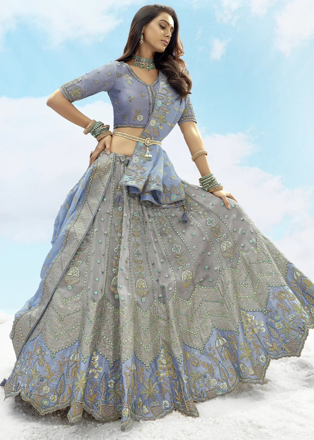 Patch & Cut Work Silk Embroidered Semi Stitched Lehenga Choli & Dupatta - qivii