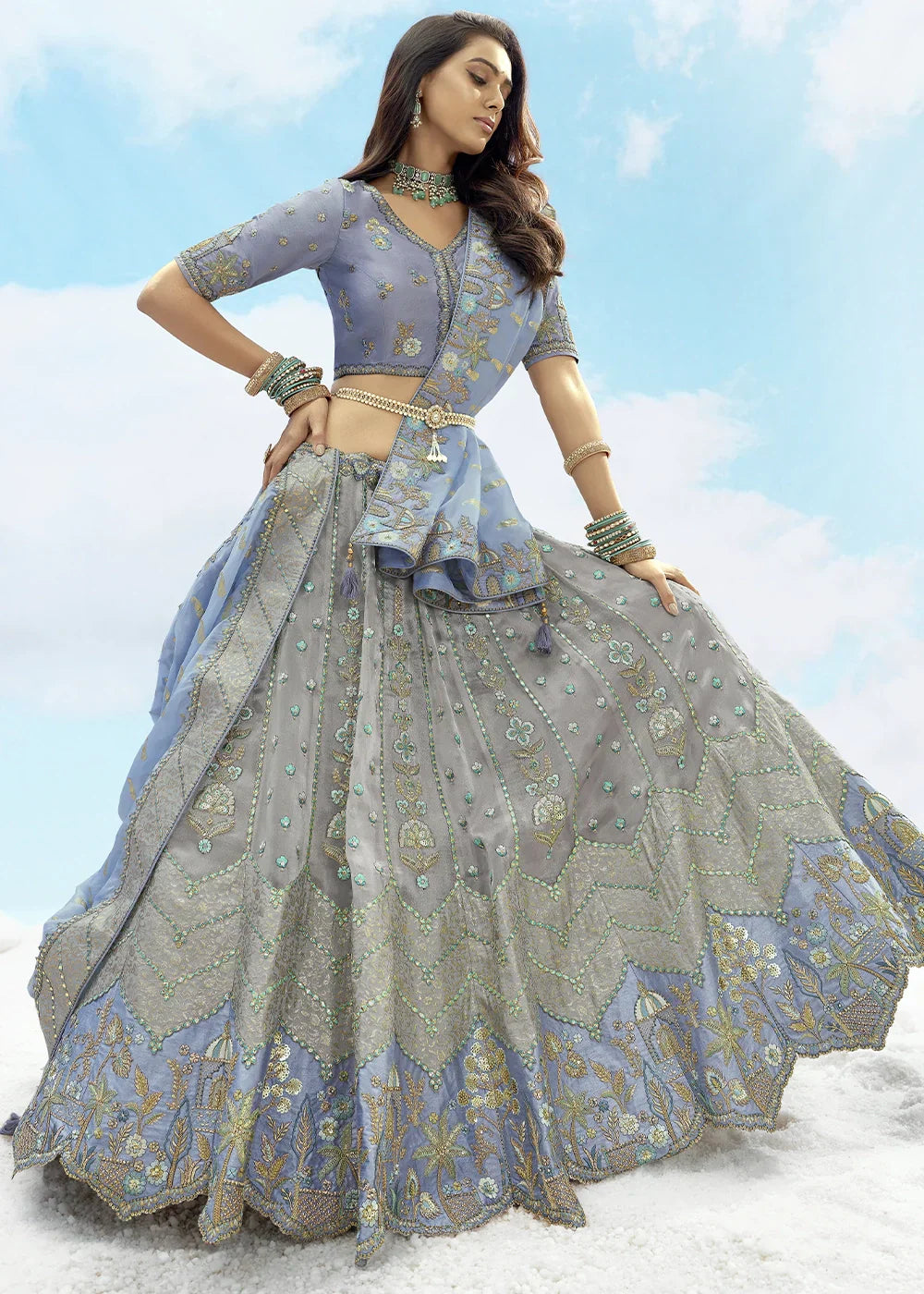 Patch & Cut Work Silk Embroidered Semi Stitched Lehenga Choli & Dupatta - qivii