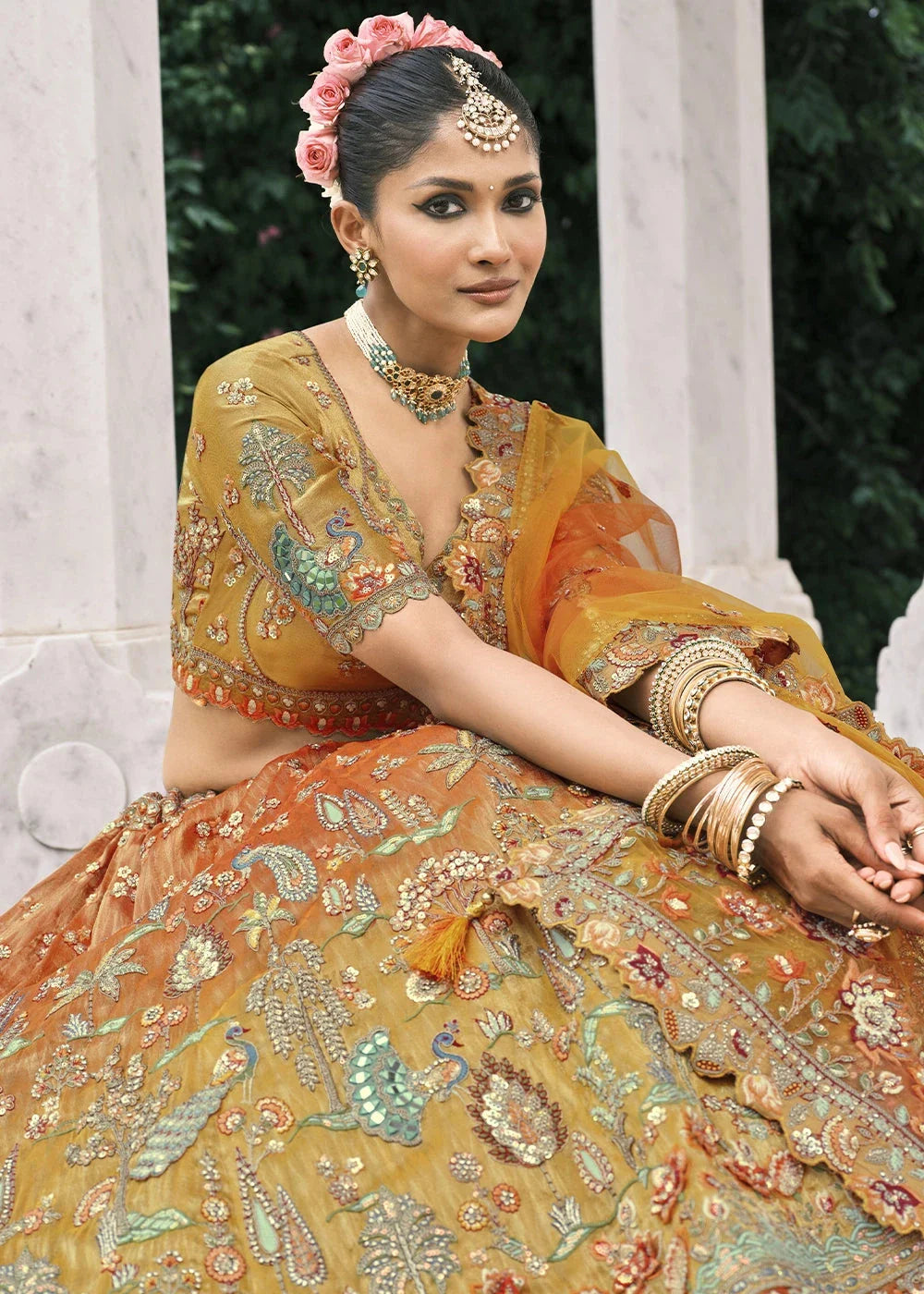 Mustard & Orange Heavy Embroidered Mirror, Sequins & Stone Work Semi Stitched Lehenga Choli