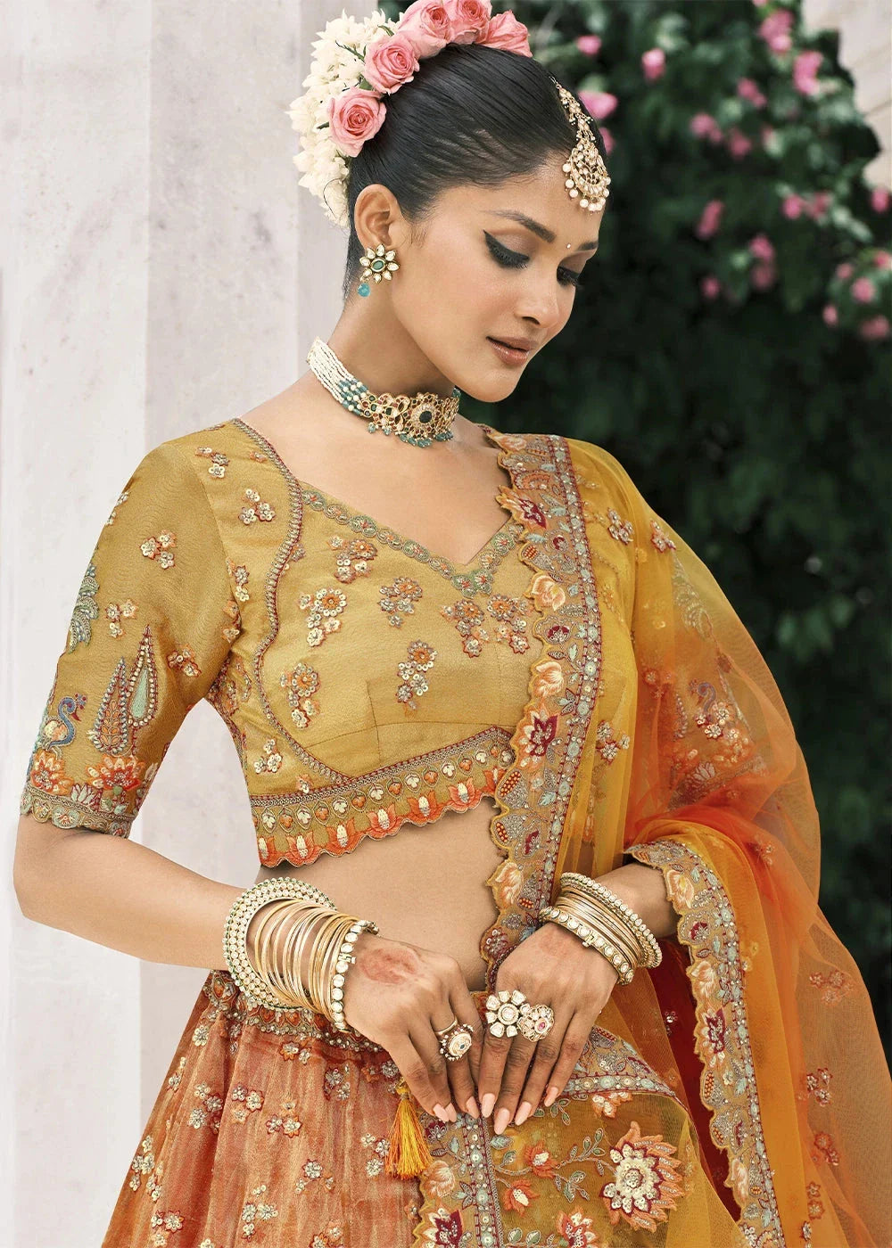 Mustard & Orange Heavy Embroidered Mirror, Sequins & Stone Work Semi Stitched Lehenga Choli