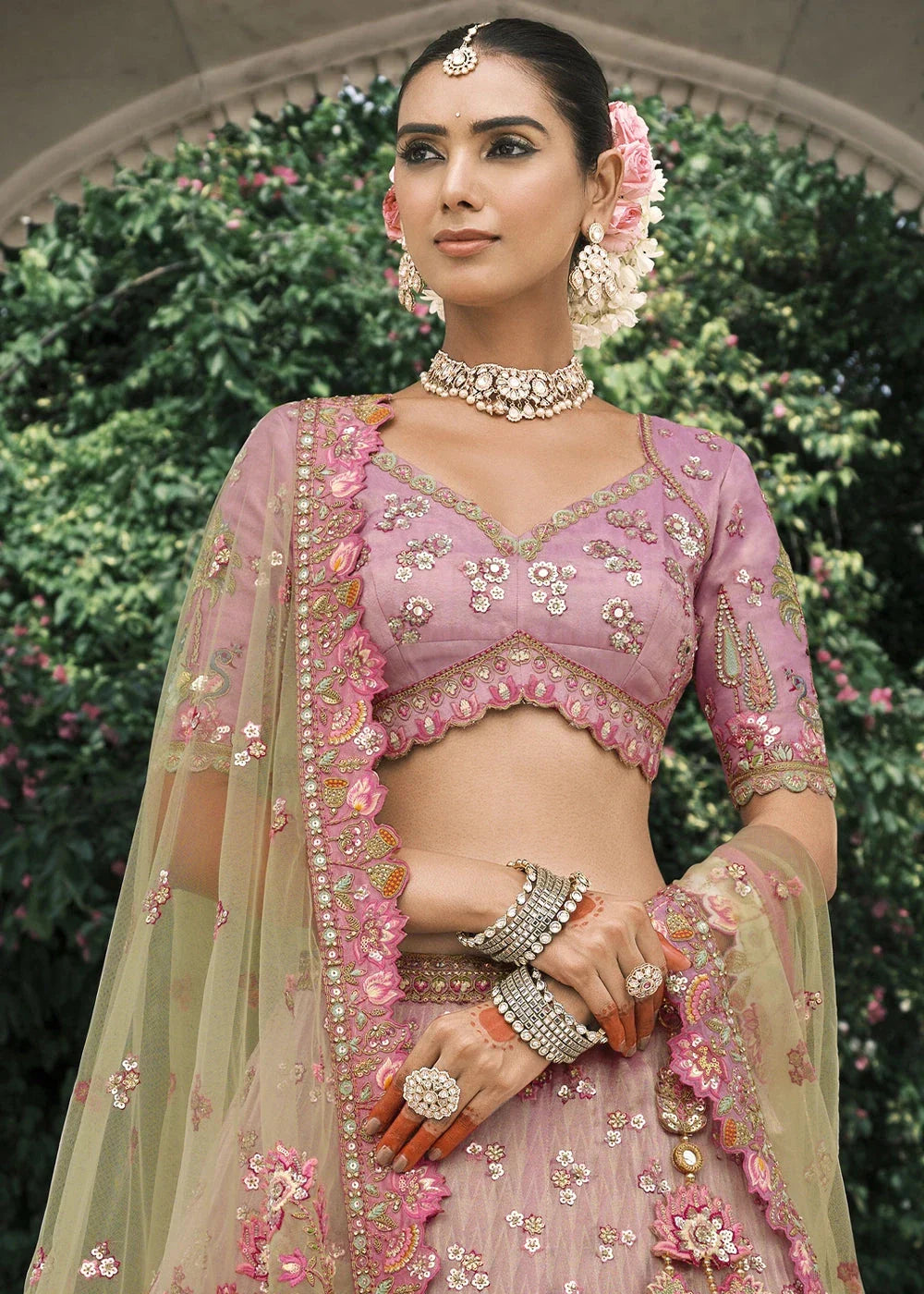 Mauve & Limegreen Heavy Embroidered Mirror, Sequins & Stone Work Semi Stitched Lehenga Choli