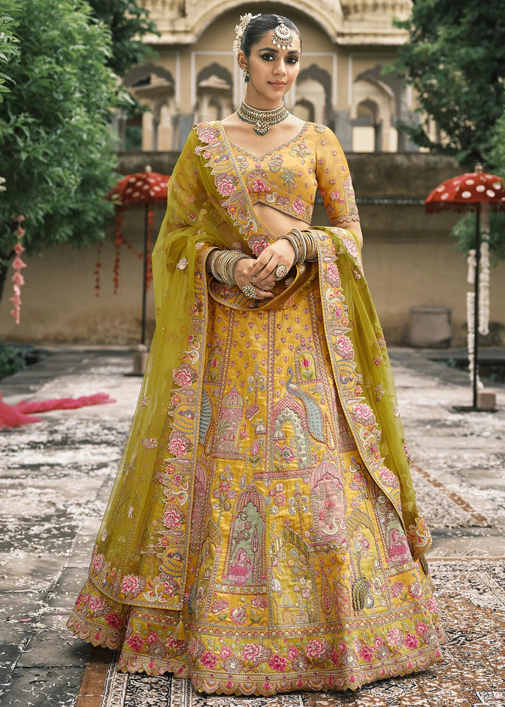 Yellow Heavy Embroidered Mirror, Sequins & Stone Work Semi Stitched Lehenga Choli