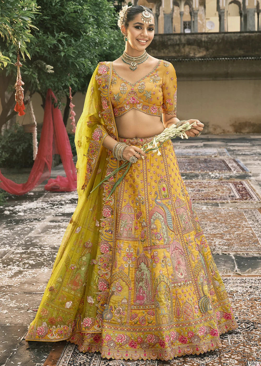 Yellow Heavy Embroidered Mirror, Sequins & Stone Work Semi Stitched Lehenga Choli
