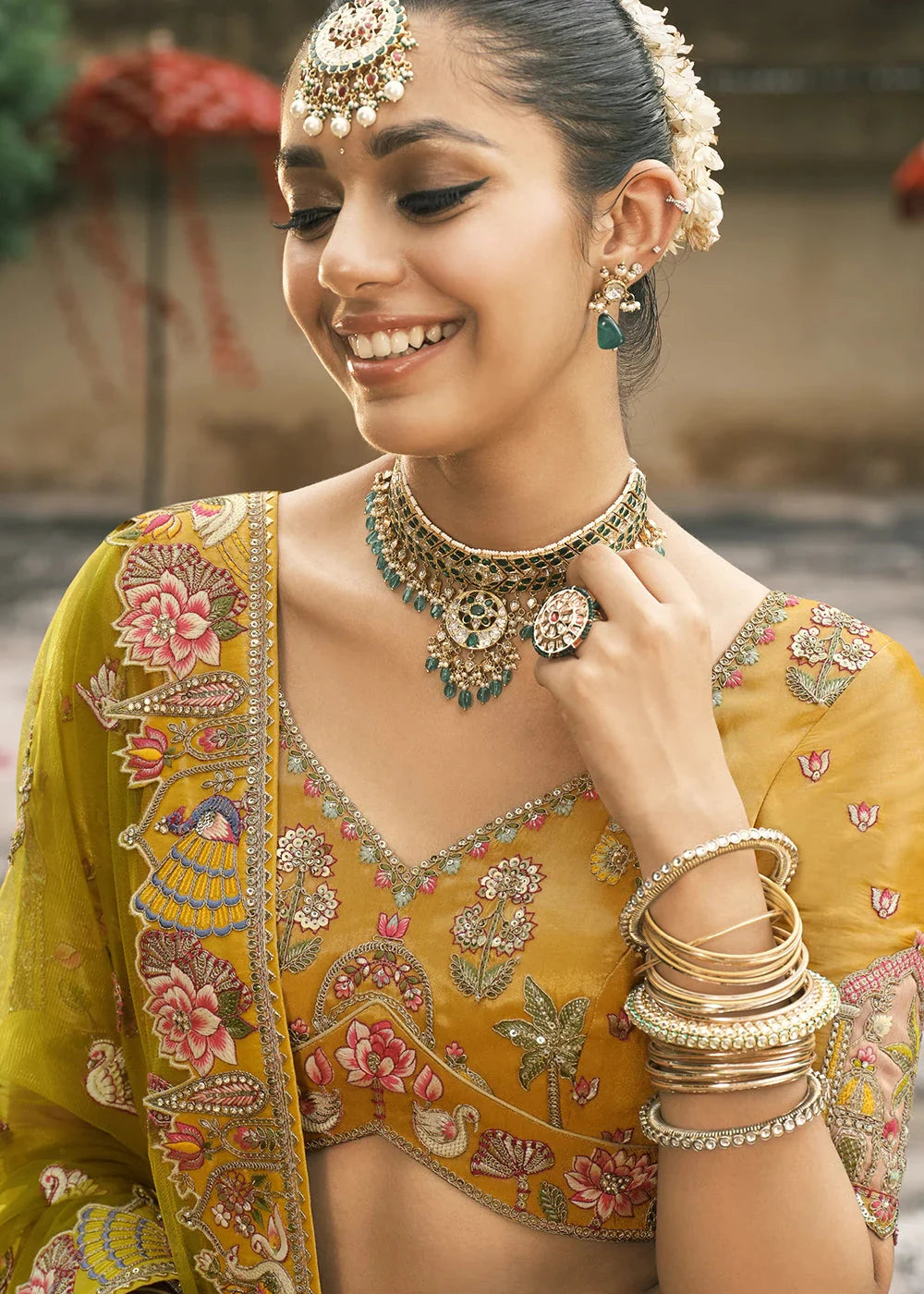 Yellow Heavy Embroidered Mirror, Sequins & Stone Work Semi Stitched Lehenga Choli