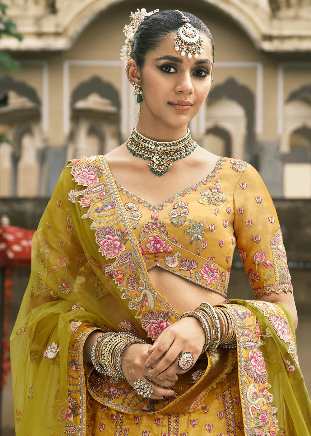 Yellow Heavy Embroidered Mirror, Sequins & Stone Work Semi Stitched Lehenga Choli