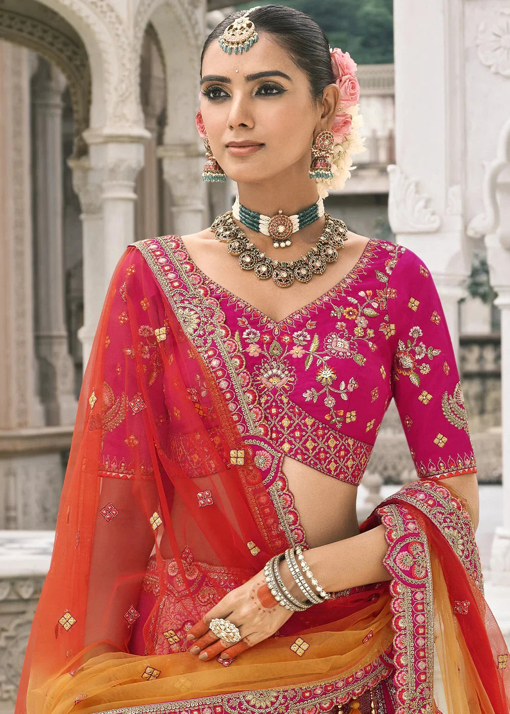 Pink Heavy Embroidered Mirror, Sequins & Stone Work Semi Stitched Lehenga Choli