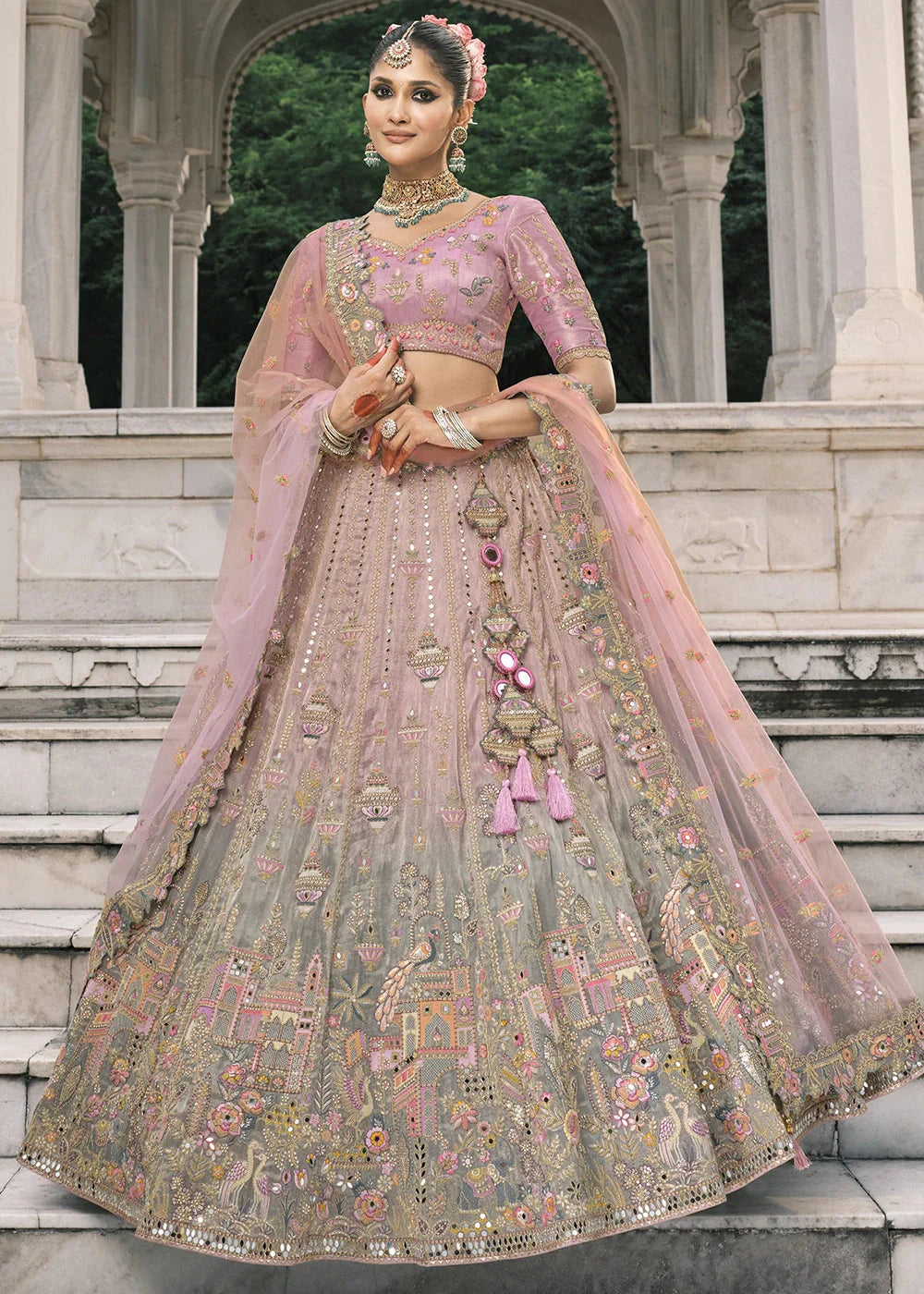 Pink & Gray Heavy Embroidered Mirror, Sequins & Stone Work Semi Stitched Lehenga Choli