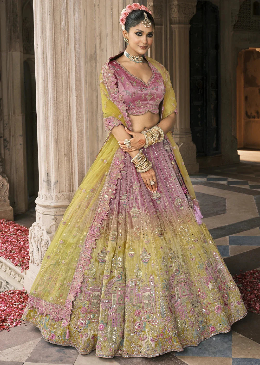 Lavender & Yellow Heavy Embroidered Mirror, Sequins & Stone Work Semi Stitched Lehenga Choli