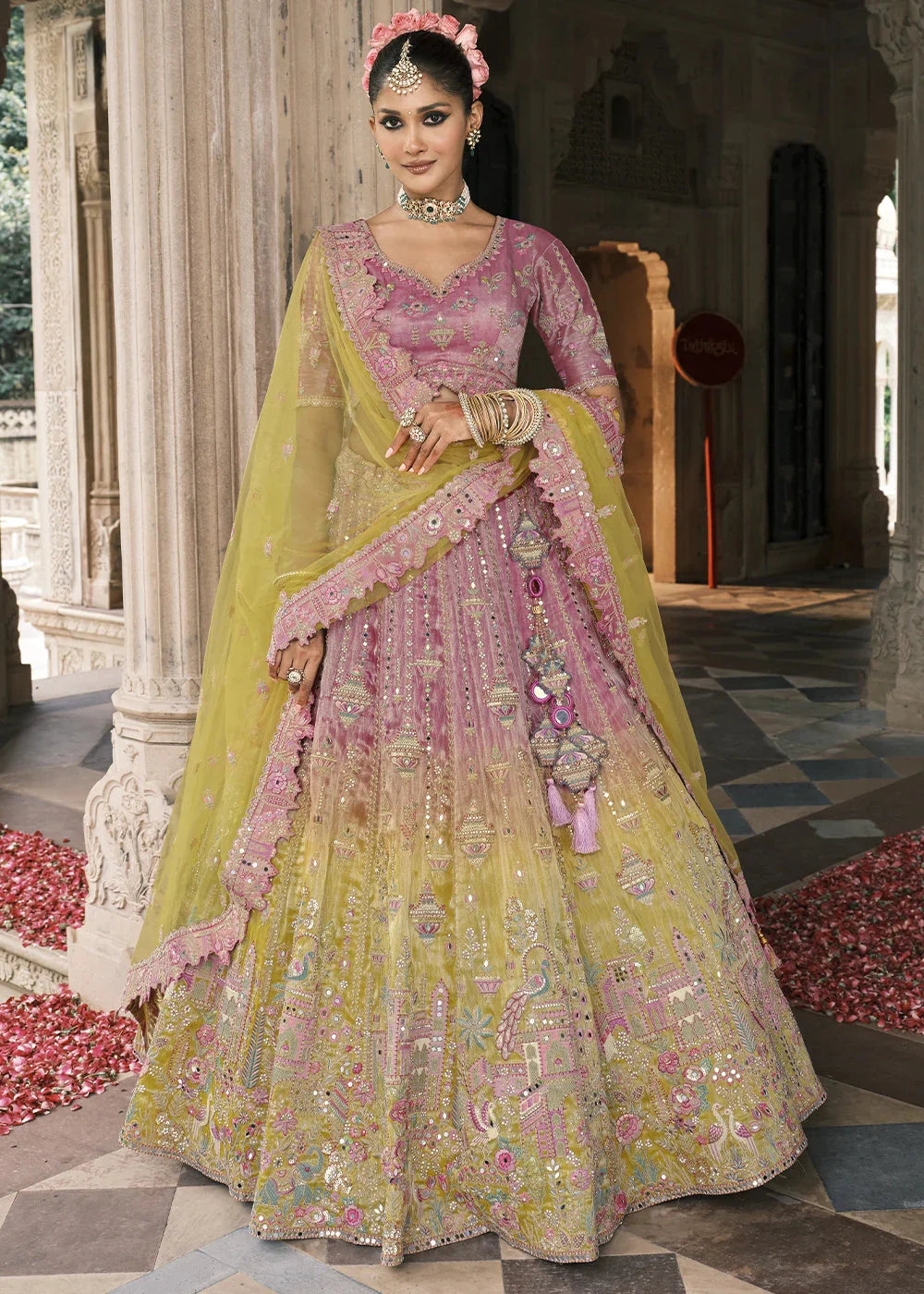 Lavender & Yellow Heavy Embroidered Mirror, Sequins & Stone Work Semi Stitched Lehenga Choli