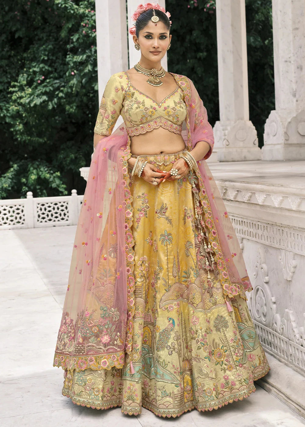 Cream & Yellow Heavy Embroidered Mirror, Sequins & Stone Work Semi Stitched Lehenga Choli