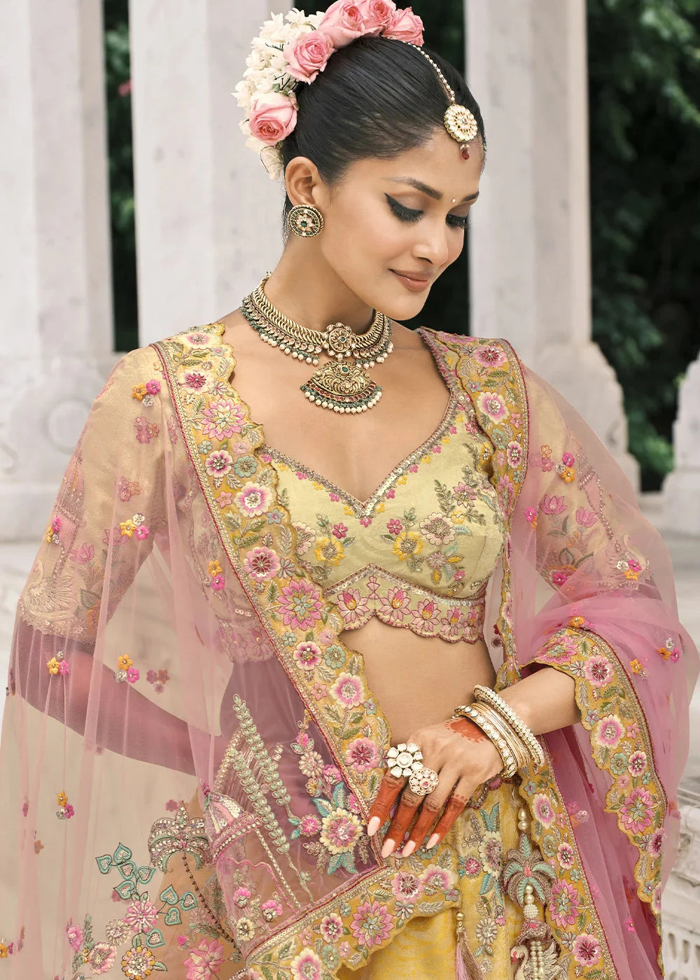 Cream & Yellow Heavy Embroidered Mirror, Sequins & Stone Work Semi Stitched Lehenga Choli