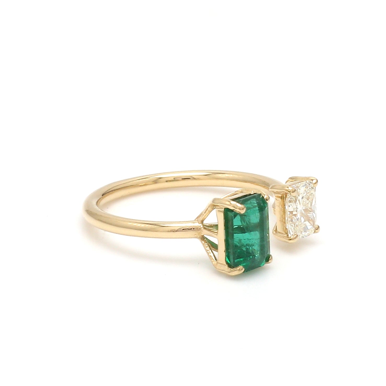Emerald and Radiant Cut Diamond Open Ring - qivii