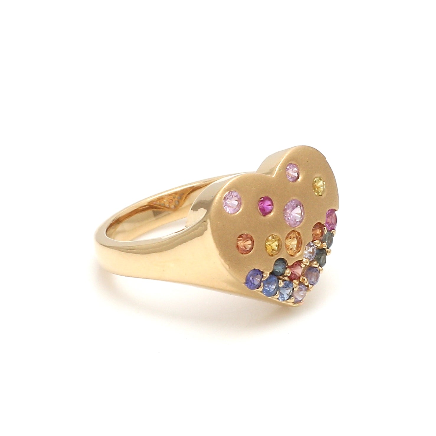 Rainbow Sapphire Round Heart Shape Matte Signet Ring - qivii