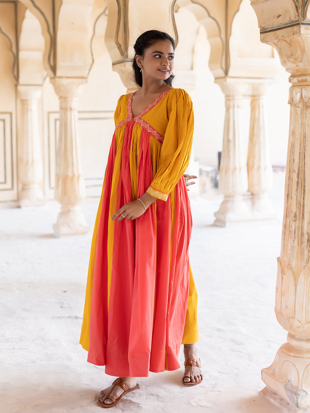 Saffron Peach & Mustard Cotton Dress - By Ragavi - qivii
