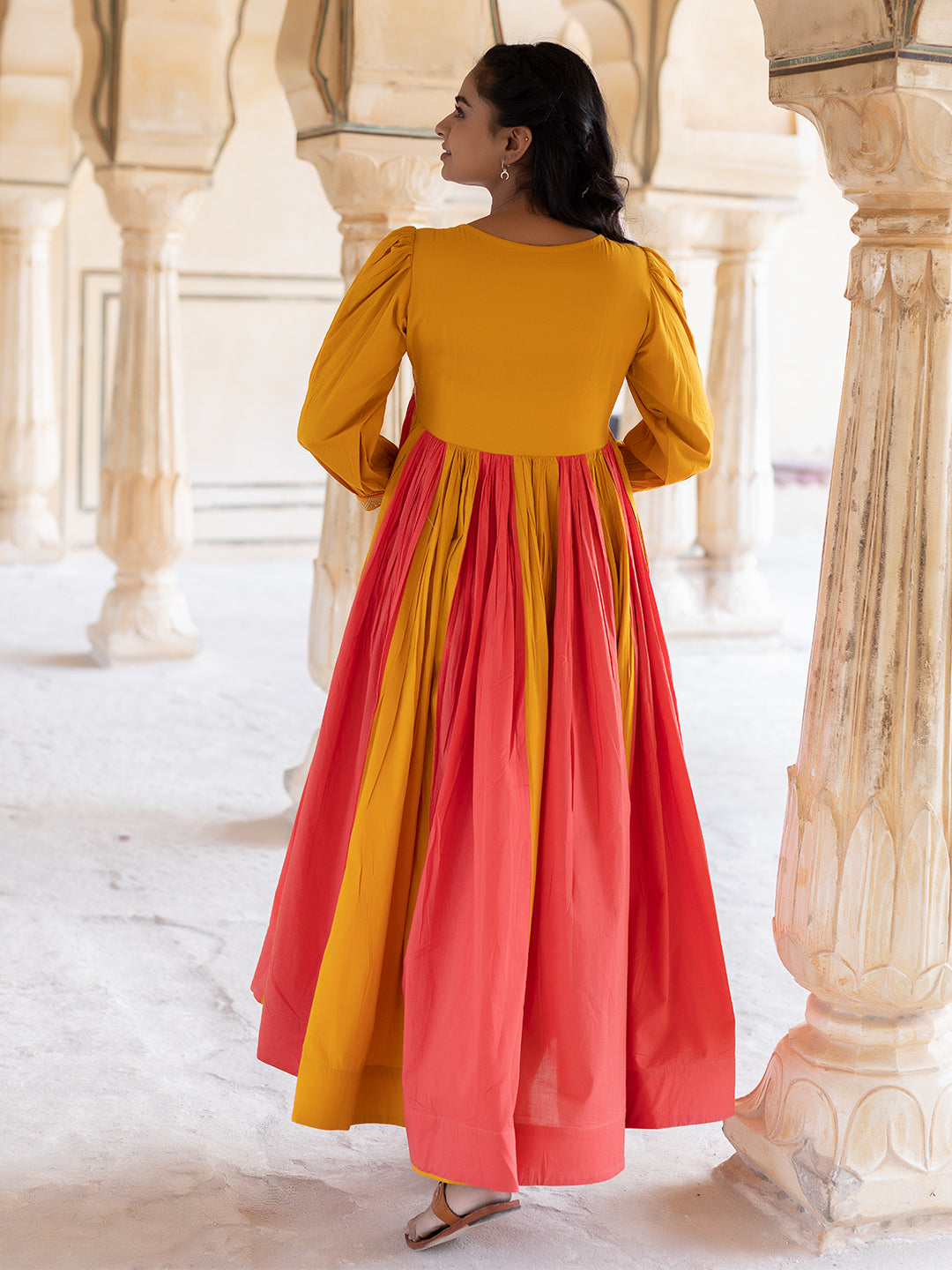 Saffron Peach & Mustard Cotton Dress - By Ragavi - qivii