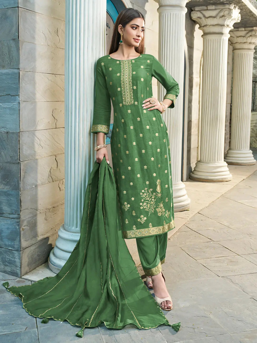 Sap Green Exquisite Placement Weaving Kurta Suit Set - qivii